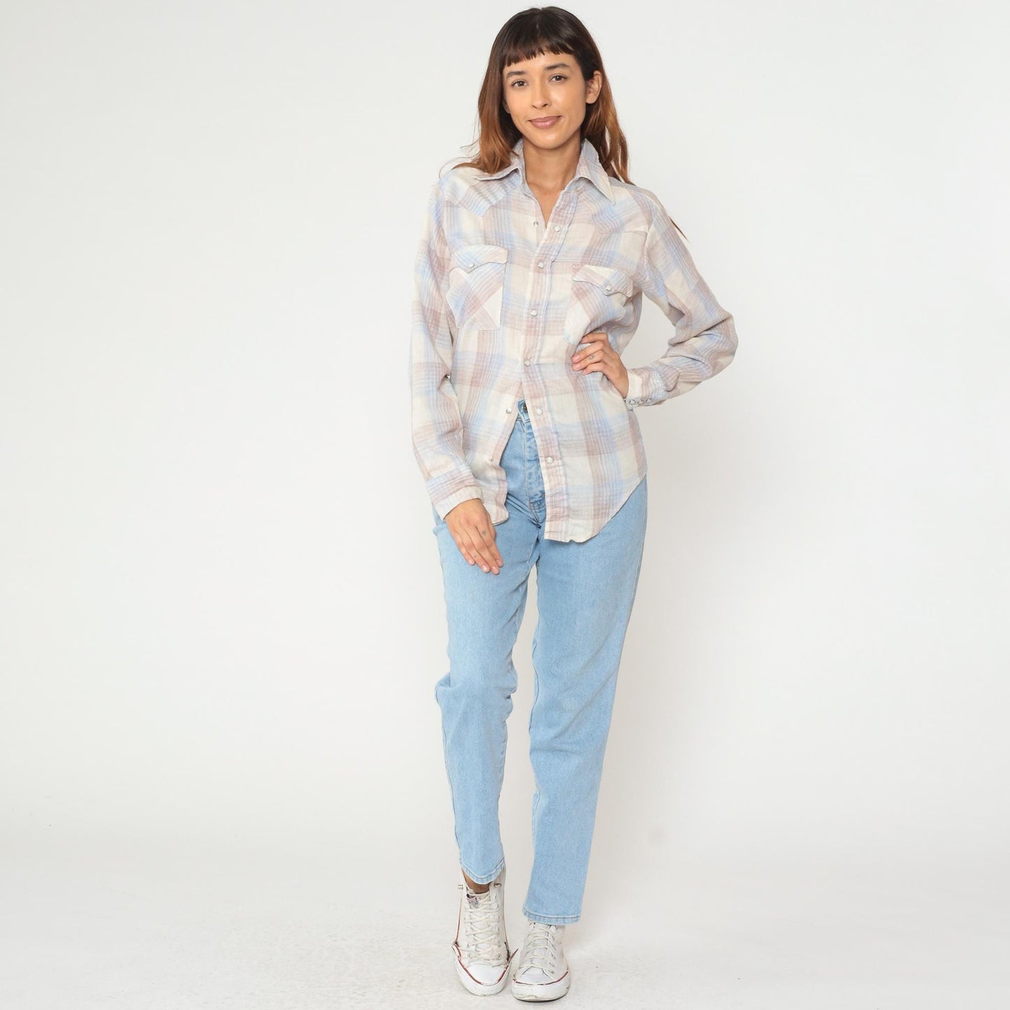 80s Gap Western Pearl Snap Shirt Cream Blue Gingham Plaid Medium
