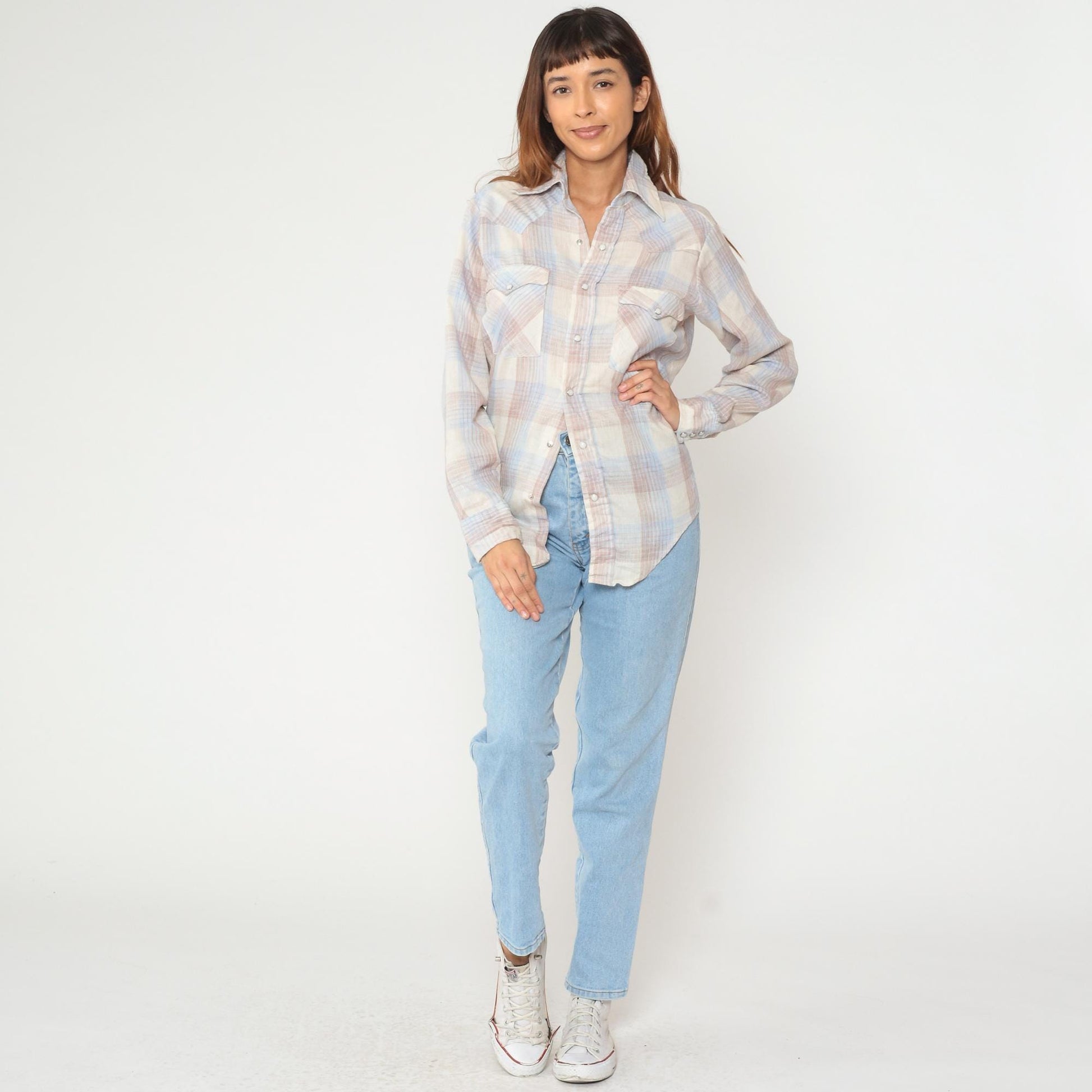80s Gap Western Pearl Snap Shirt Cream Blue Gingham Plaid Medium