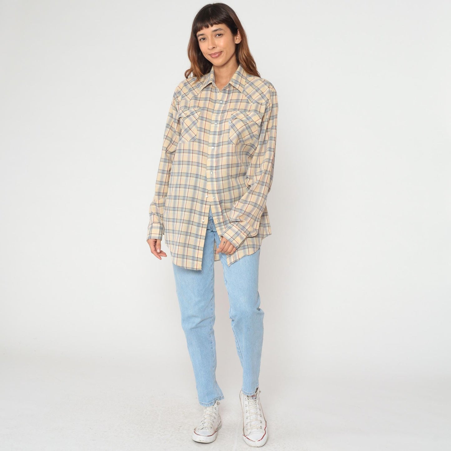 80s Levi's Plaid Button-Up Shirt Tan Brown Cotton Long Sleeve Large