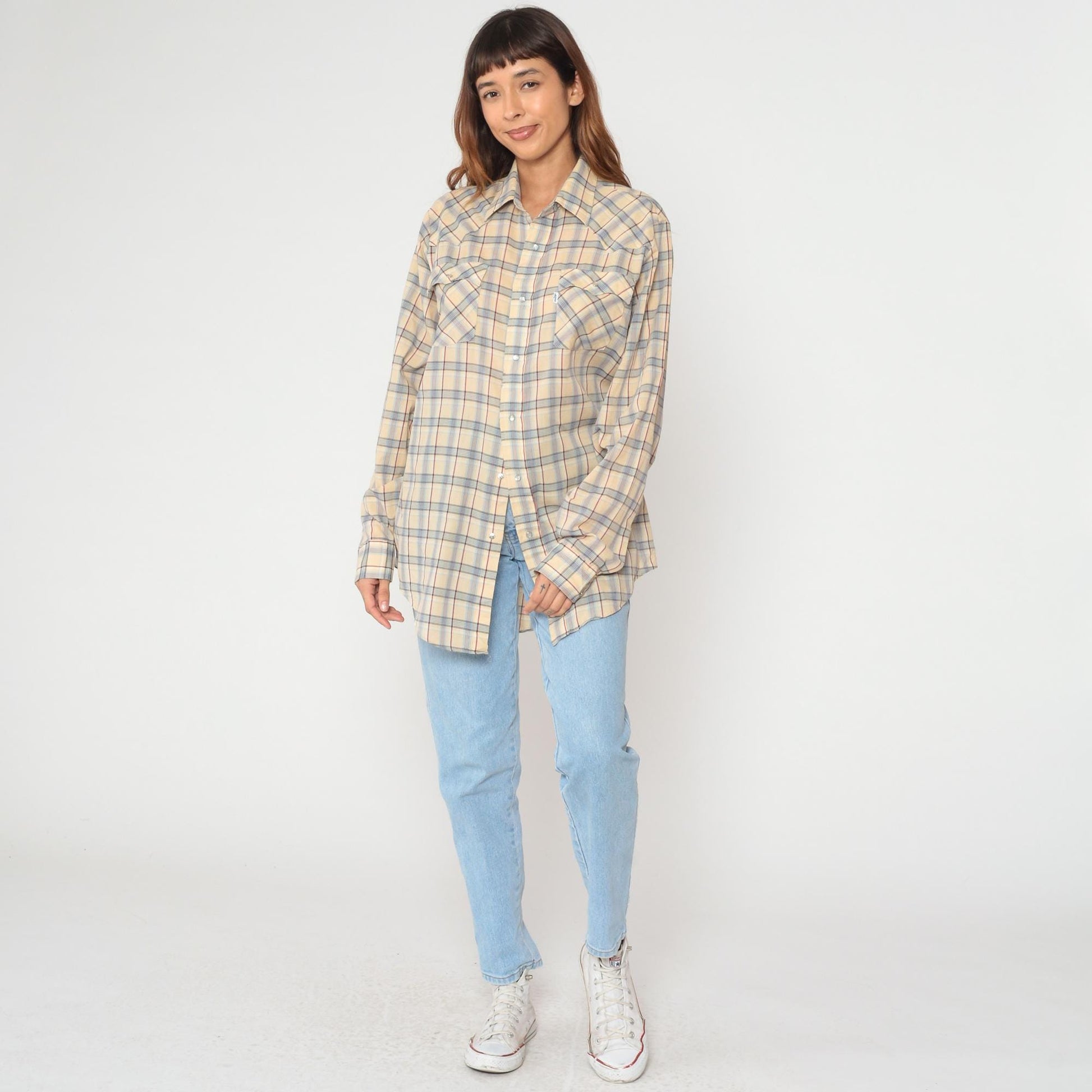 80s Levi's Plaid Button-Up Shirt Tan Brown Cotton Long Sleeve Large