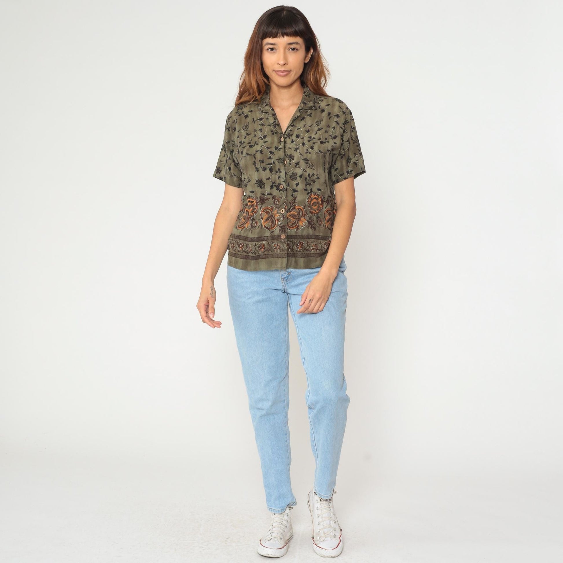 90s Teddi Petites Olive Green Rayon Botanical Floral Button Shirt Medium