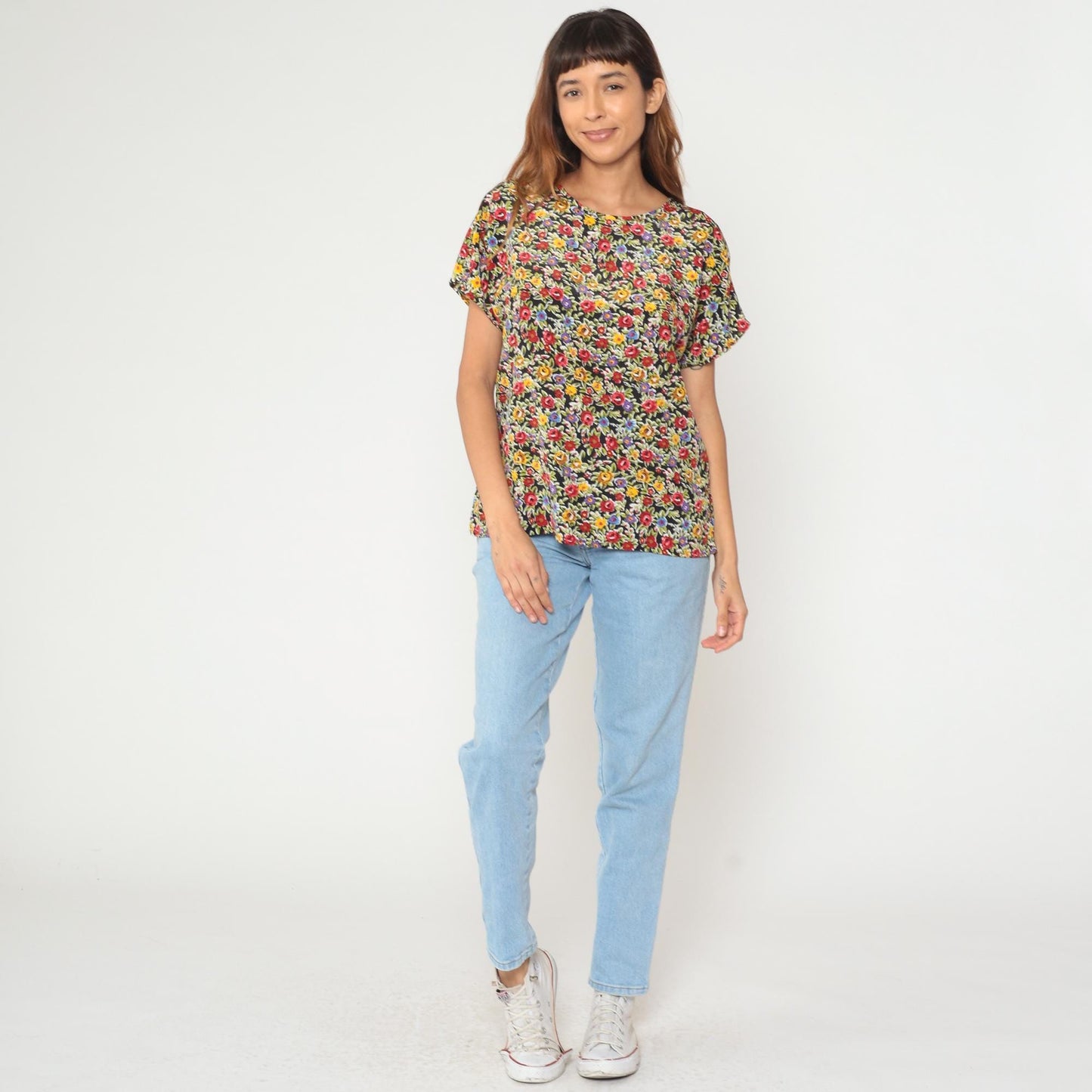 90s Black Floral Ditsy Print Blouse Short Sleeve Crew Neck Medium
