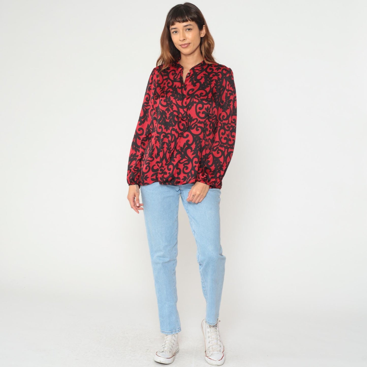 Y2K Worthington Petite Mandarin Collar Blouse Red Black Scroll Print Long Sleeve Extra Large