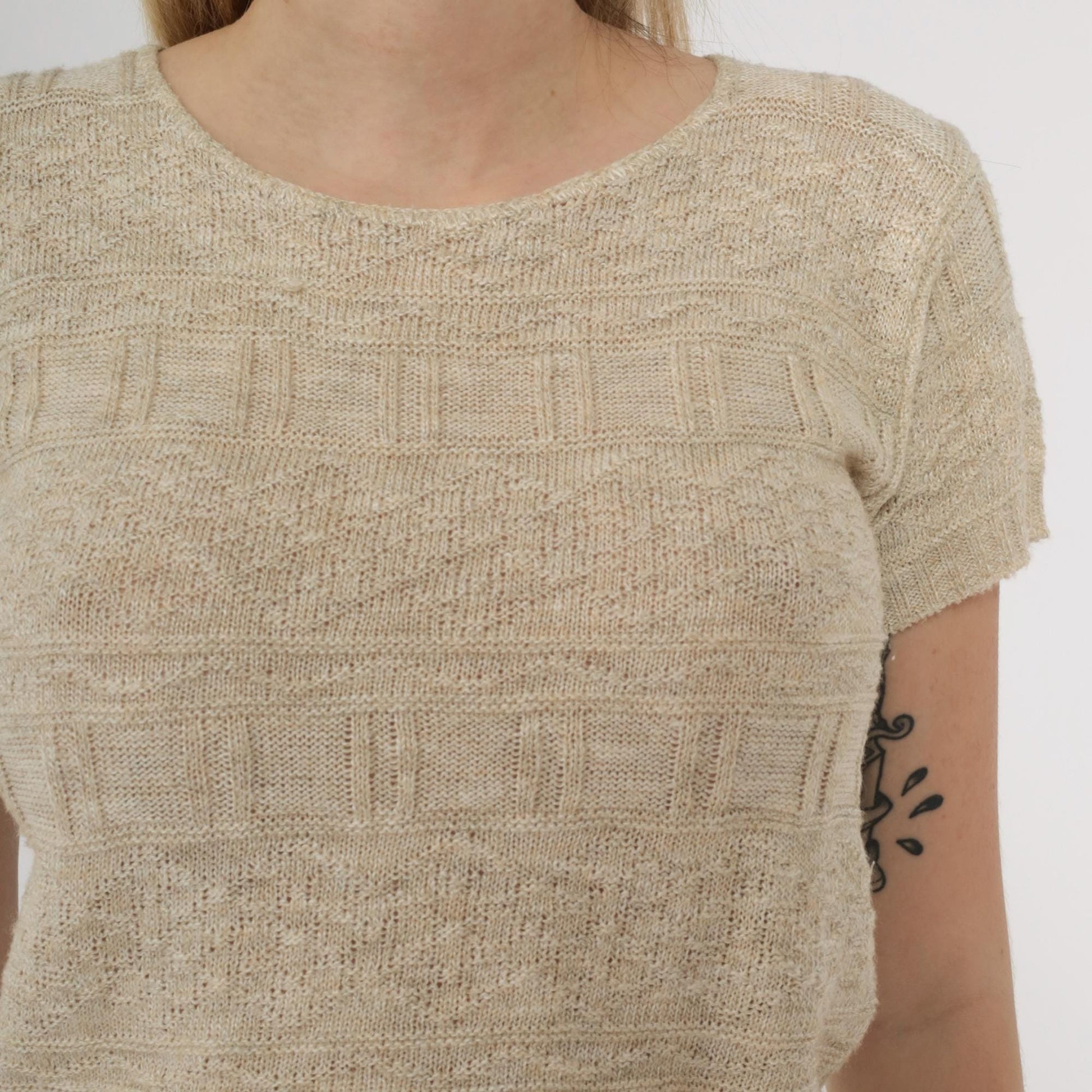 80s Cream Knit Sweater Textured Short Sleeve Crew Neck Fitted Pullover Small S