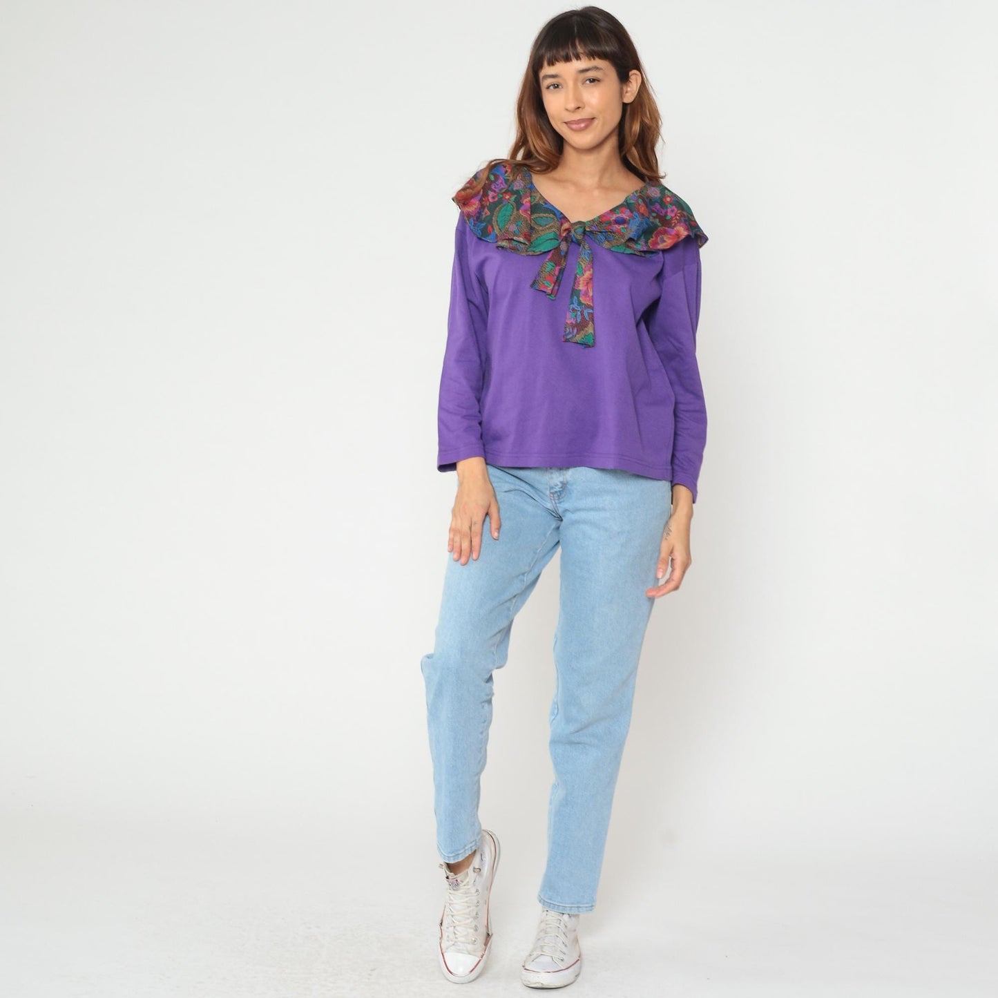 90s Purple Floral Tie Neck Cotton Blouse Long Sleeve V-Neck Medium M