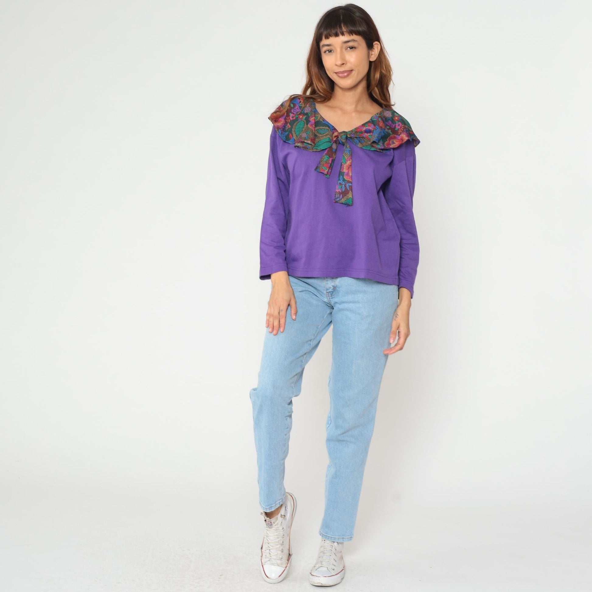 90s Purple Floral Tie Neck Cotton Blouse Long Sleeve V-Neck Medium M