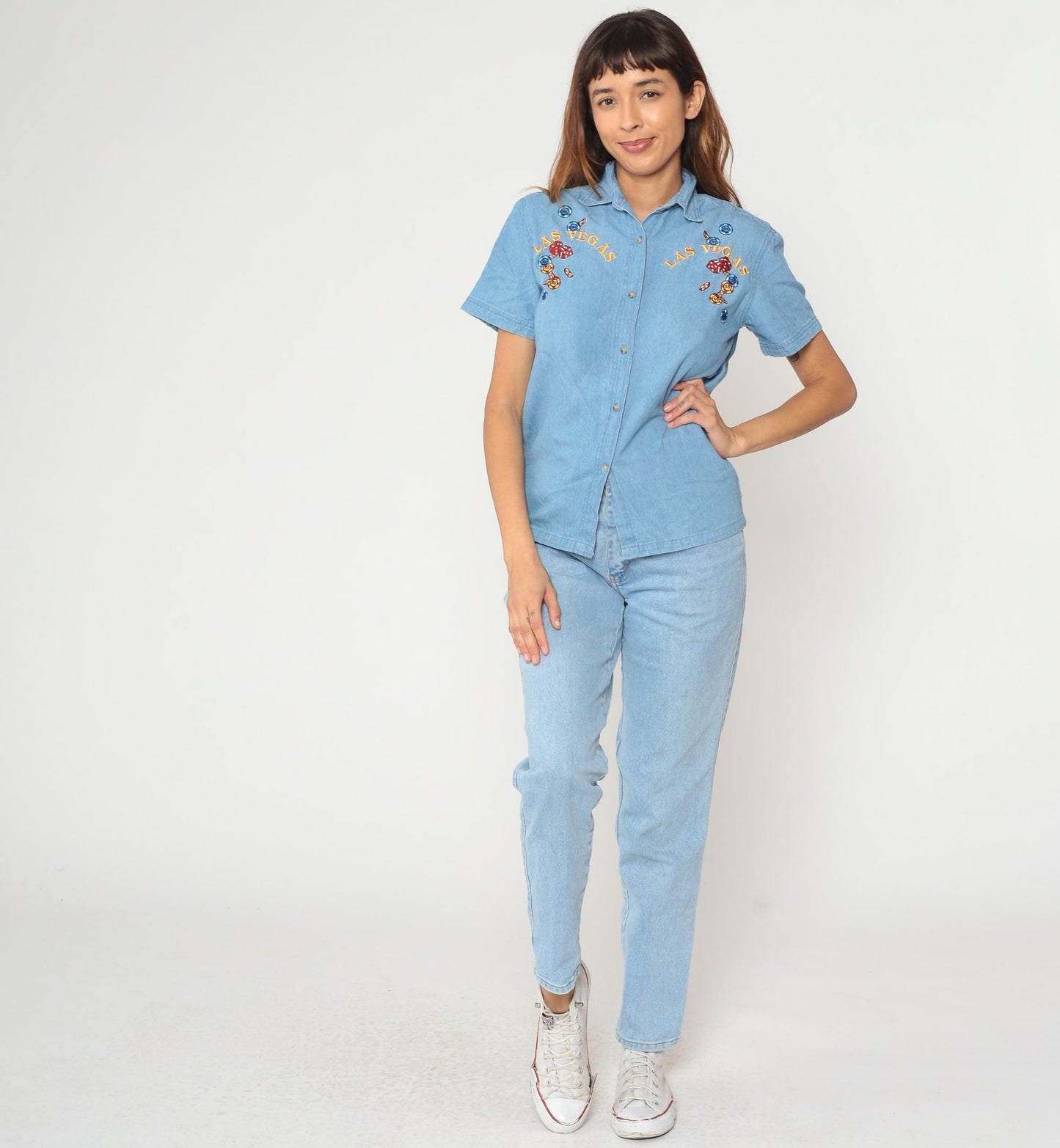 Y2K Las Vegas Casino Denim Shirt Embroidered Dice Gambling Small S