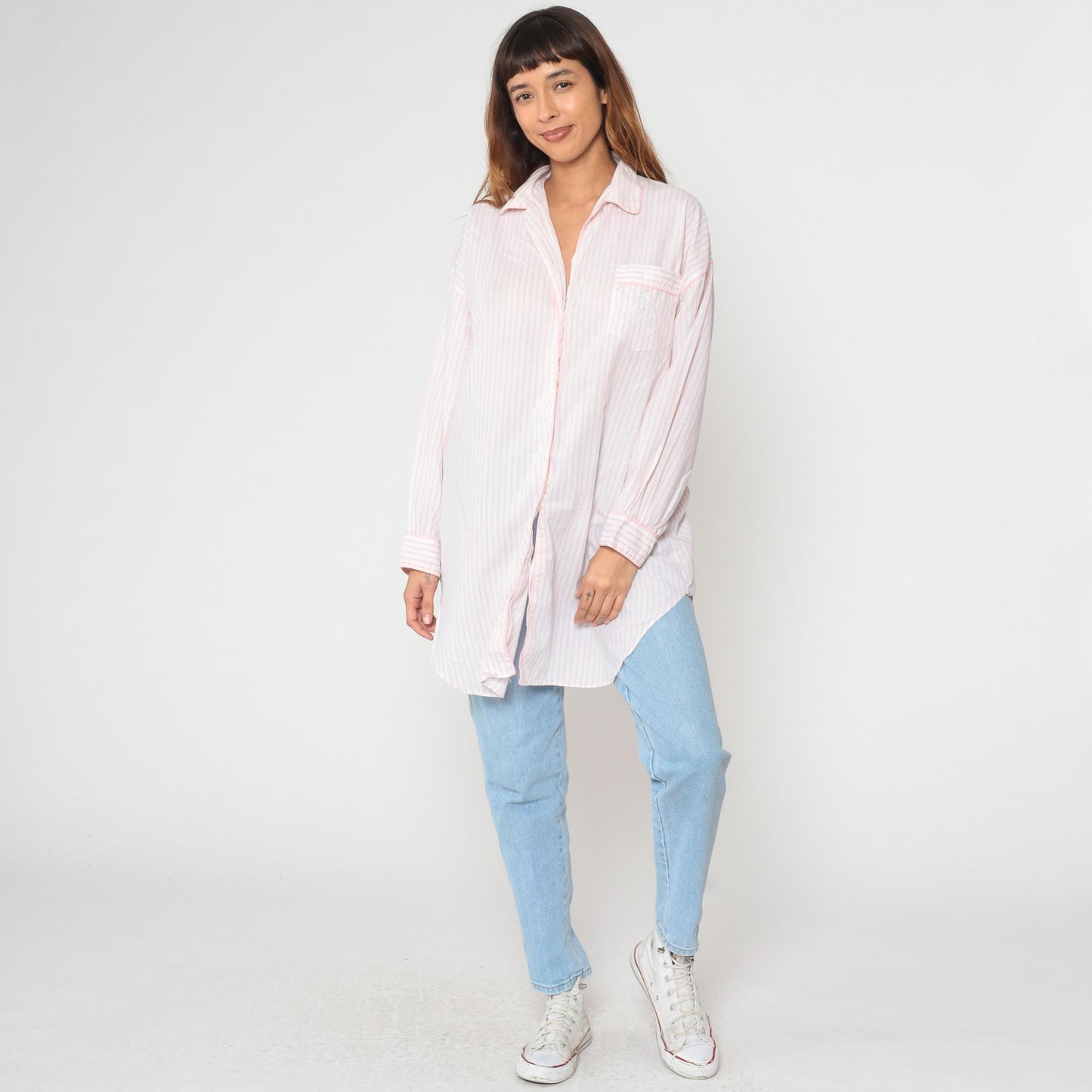 90s Apostrophe Pink White Striped Cotton Button Down Shirt Medium