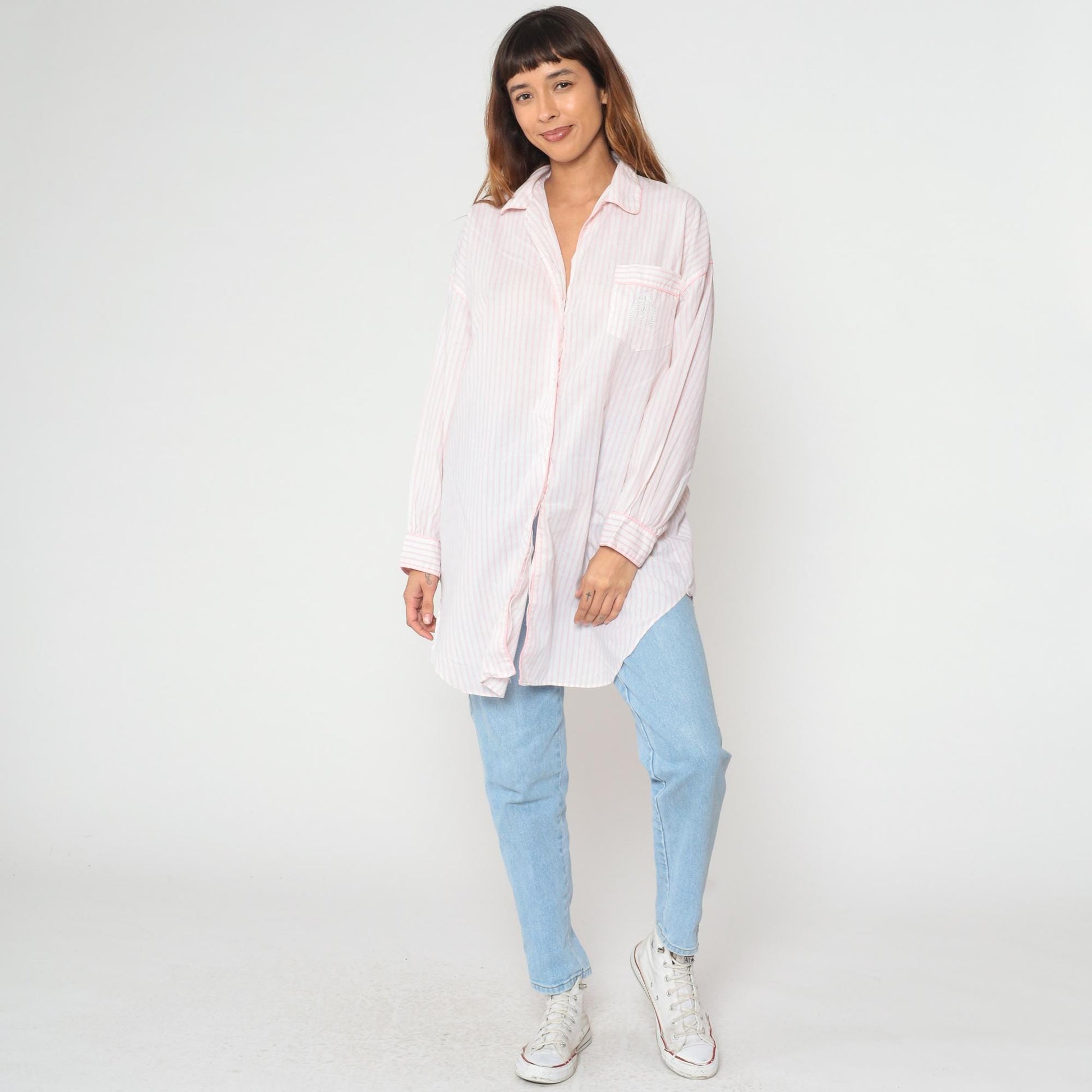 90s Apostrophe Pink White Striped Cotton Button Down Shirt Medium
