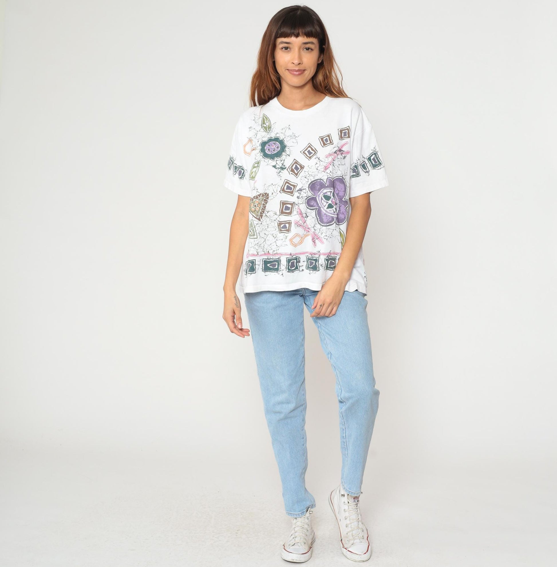 90s Tennessee River Gold Abstract Floral Dragonfly Graphic Tee White Small