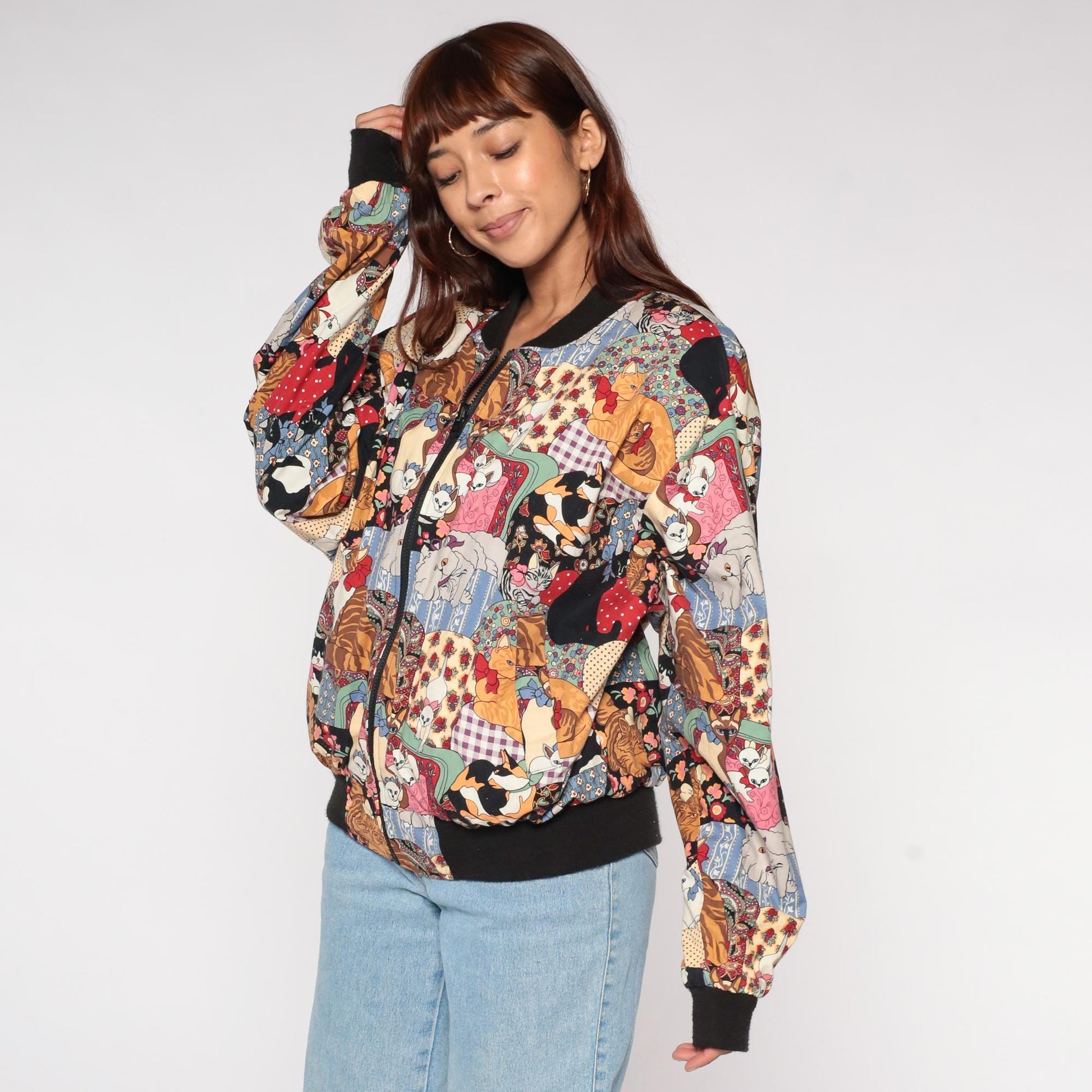 90s Infinity Chic Reversible Bomber Jacket Cat Farm Print Cotton