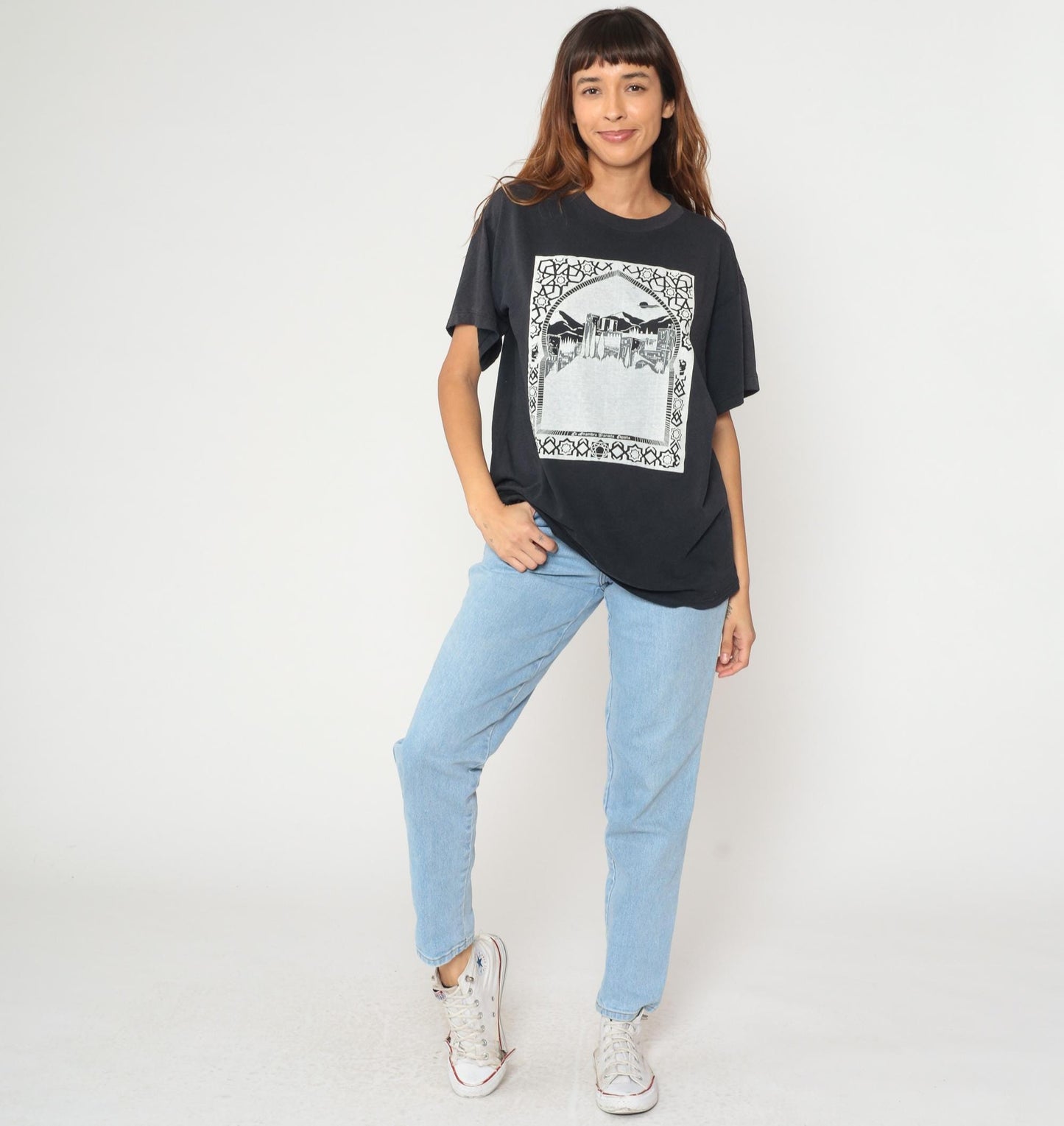 Y2K Spain Alhambra Granada Castle Graphic Tee Black White Small Medium