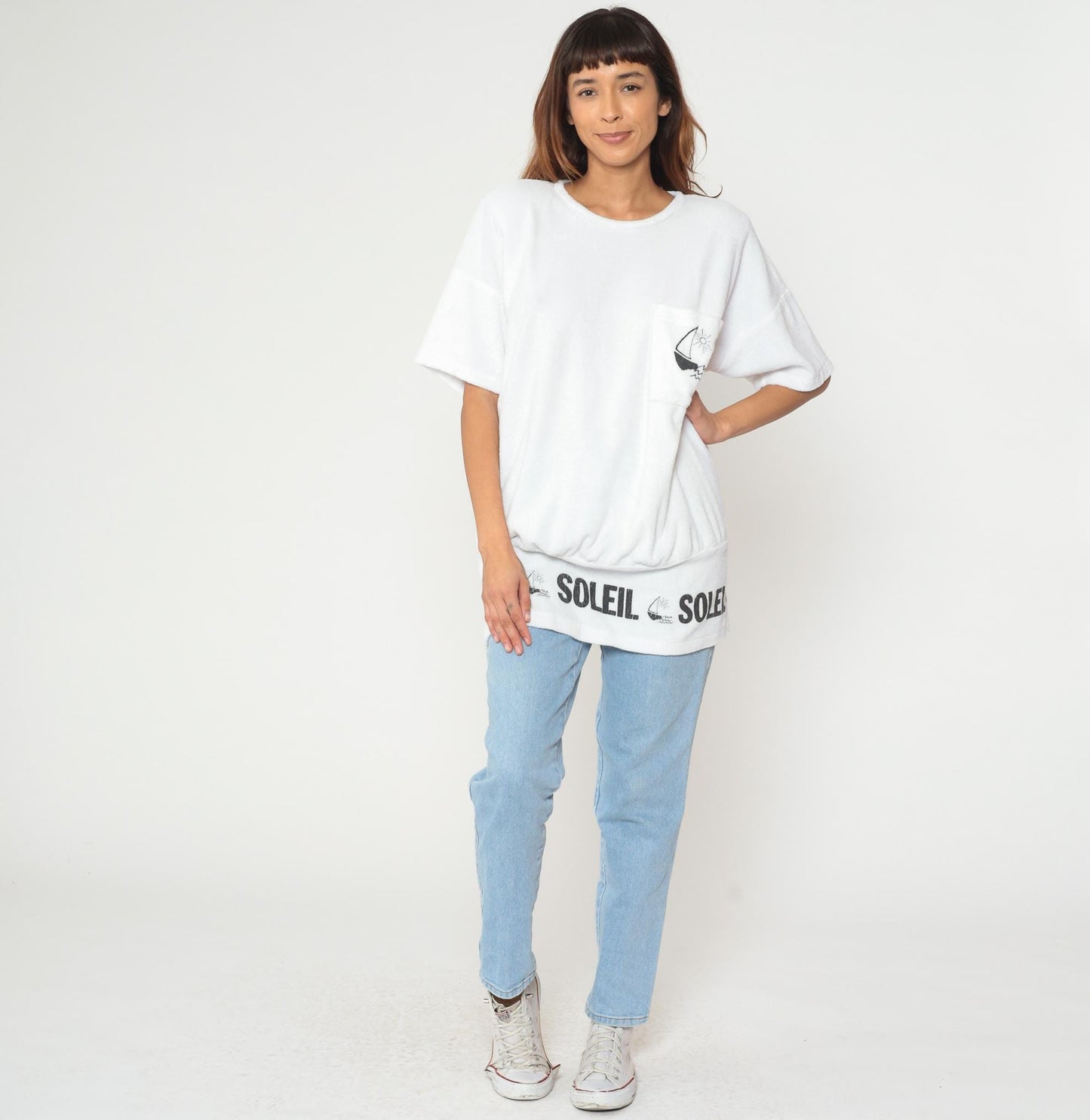 80s Soleil Sailboat Terrycloth Tee White Graphic Short Sleeve Medium M