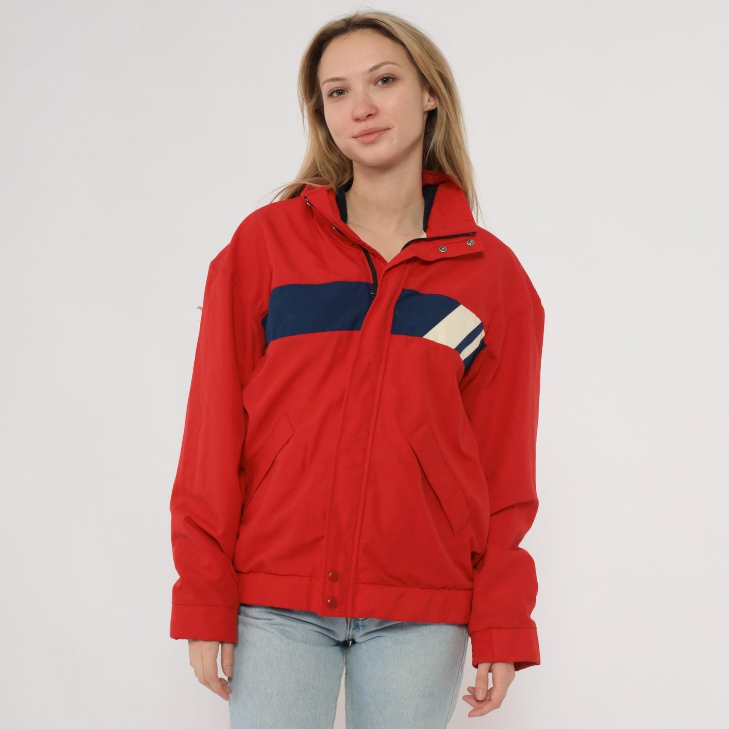 80s Forsters Red Windbreaker Jacket Navy White Color Block Medium