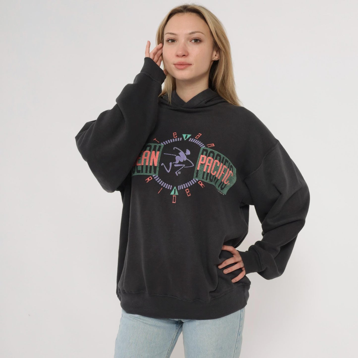 90s Ocean Pacific Black Hoodie Multicolor Graphic Surfer Pullover Large L