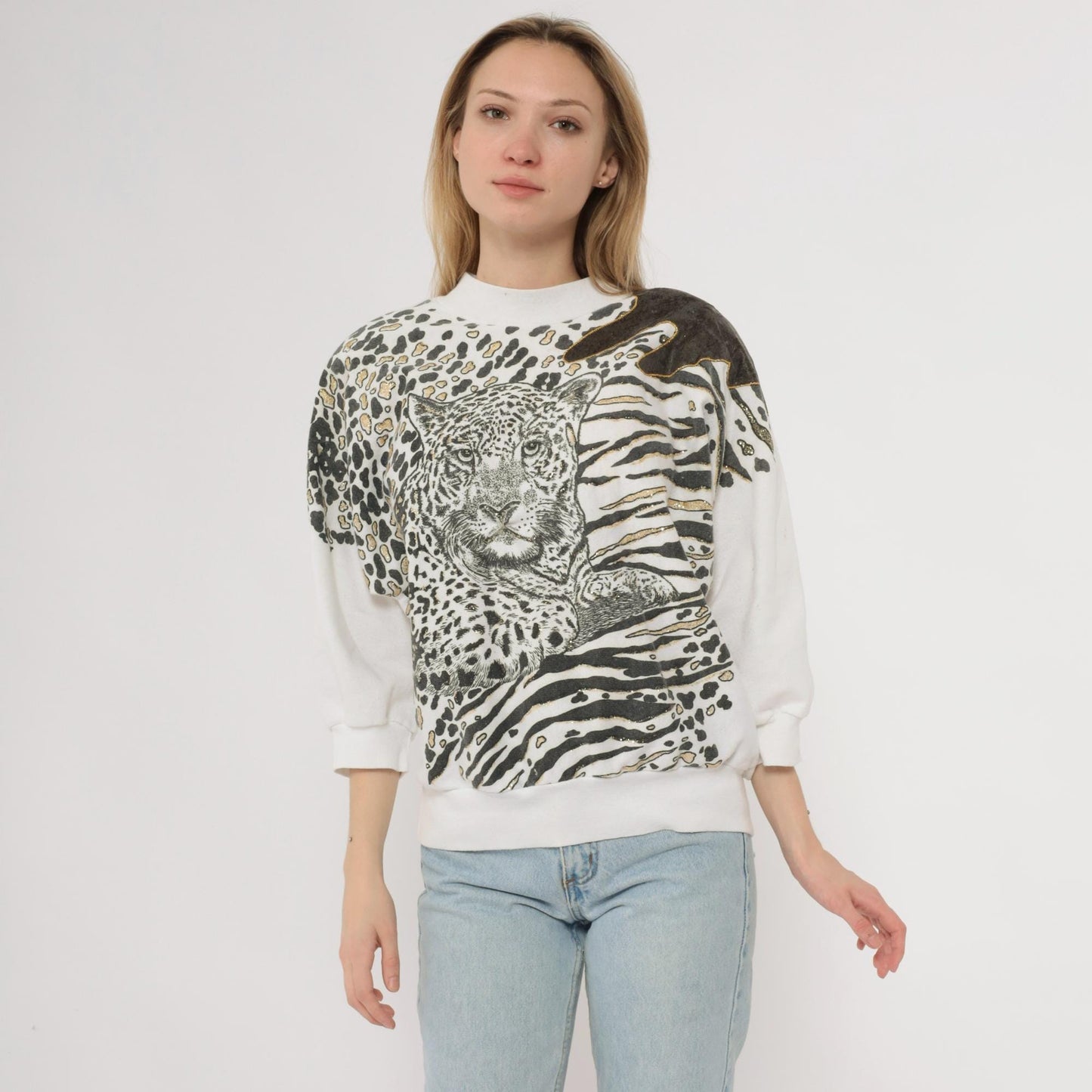 90s Leopard Animal Print Sweatshirt Gold Glitter Crewneck Cotton Large L