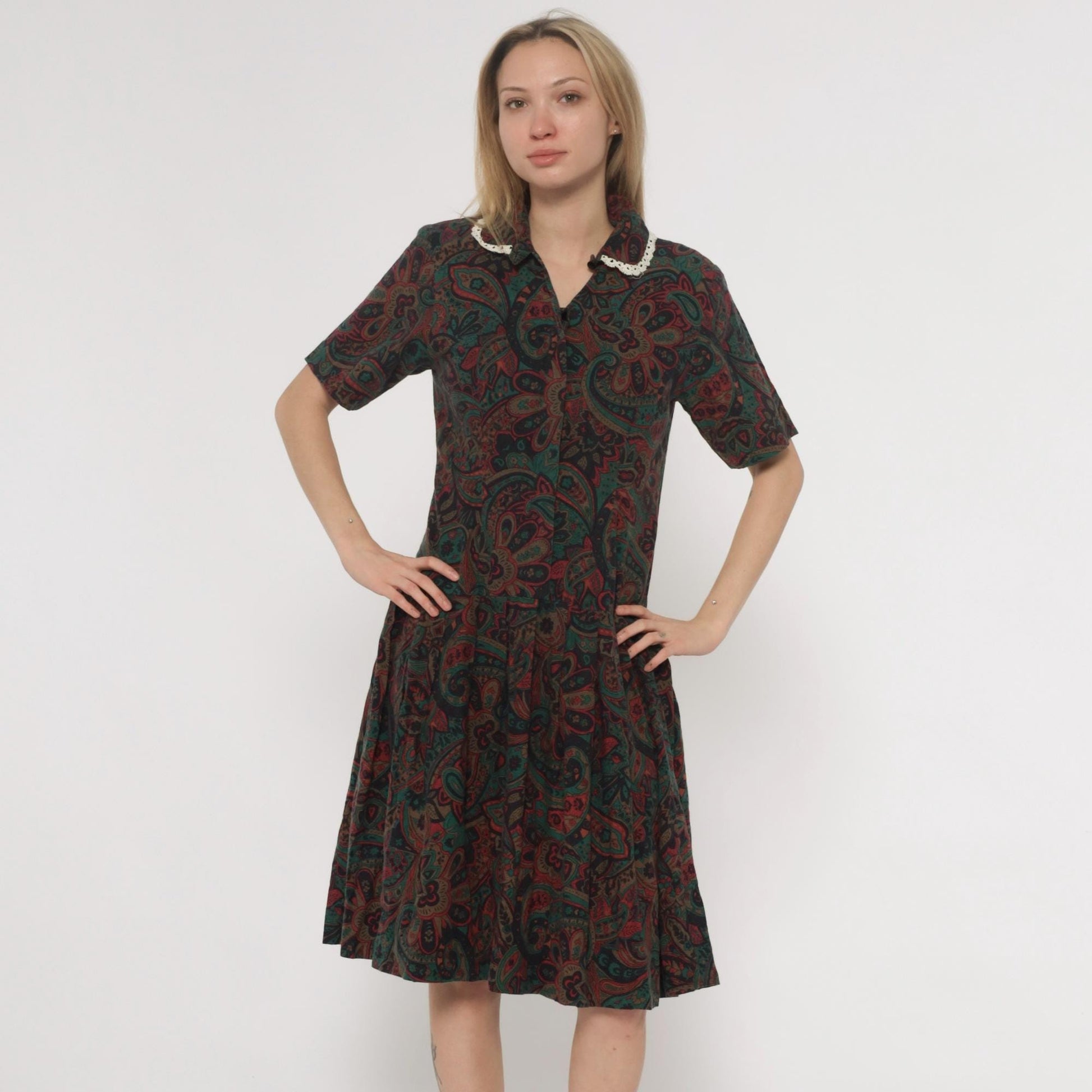70s Paisley Dress Burgundy Green Brown Crochet Collar Knee Length Medium