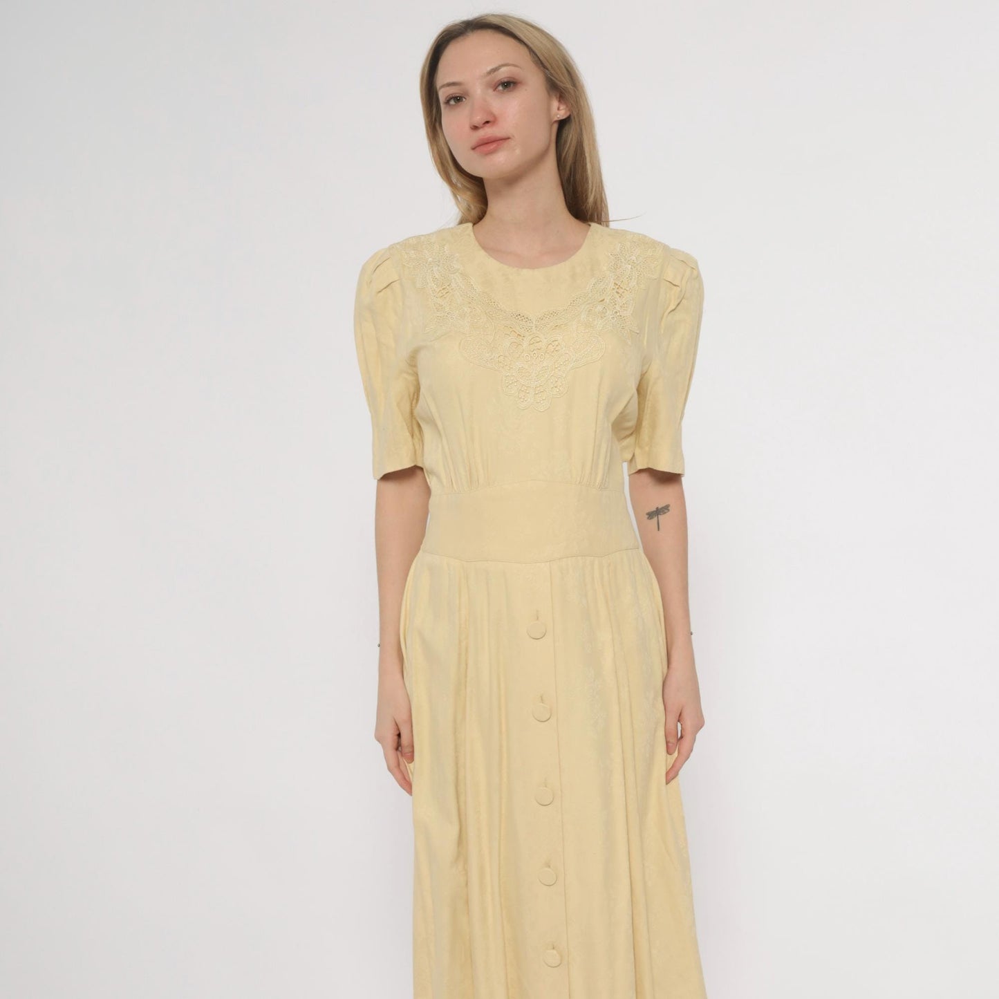 90s Karin Stevens Yellow Maxi Dress Embroidered Lace Smocked Waist Small