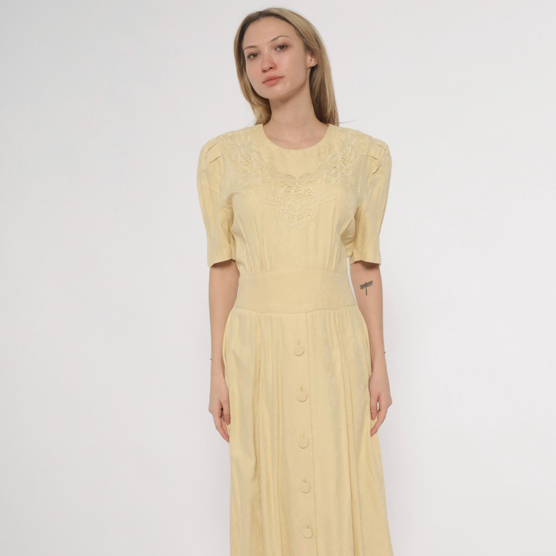 90s Karin Stevens Yellow Maxi Dress Embroidered Lace Smocked Waist Small