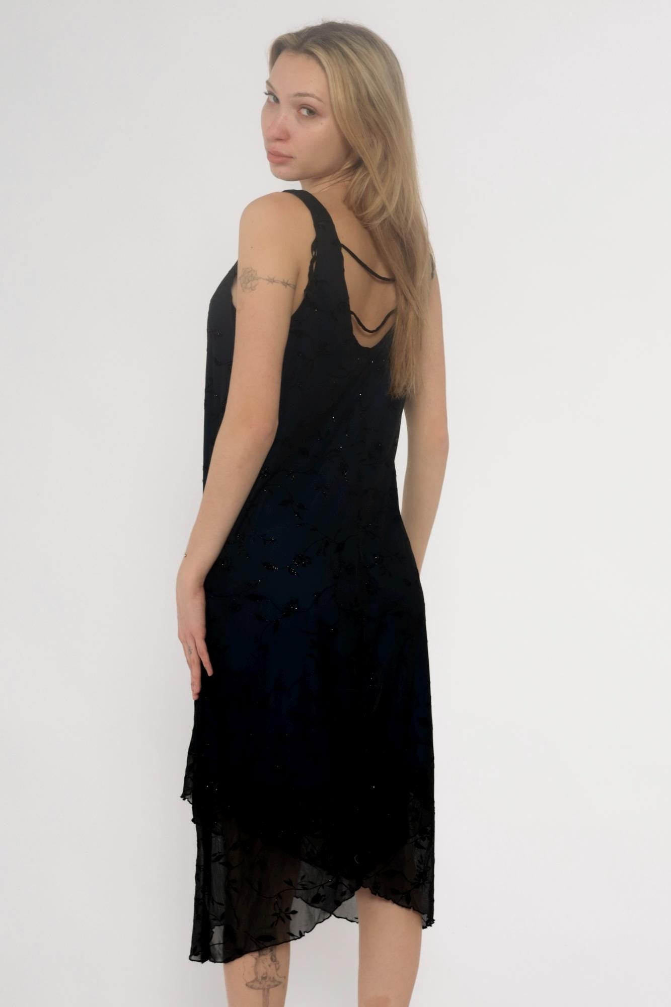 Y2K Black Slip Dress Sparkle Floral Cutout Back Strappy Large L