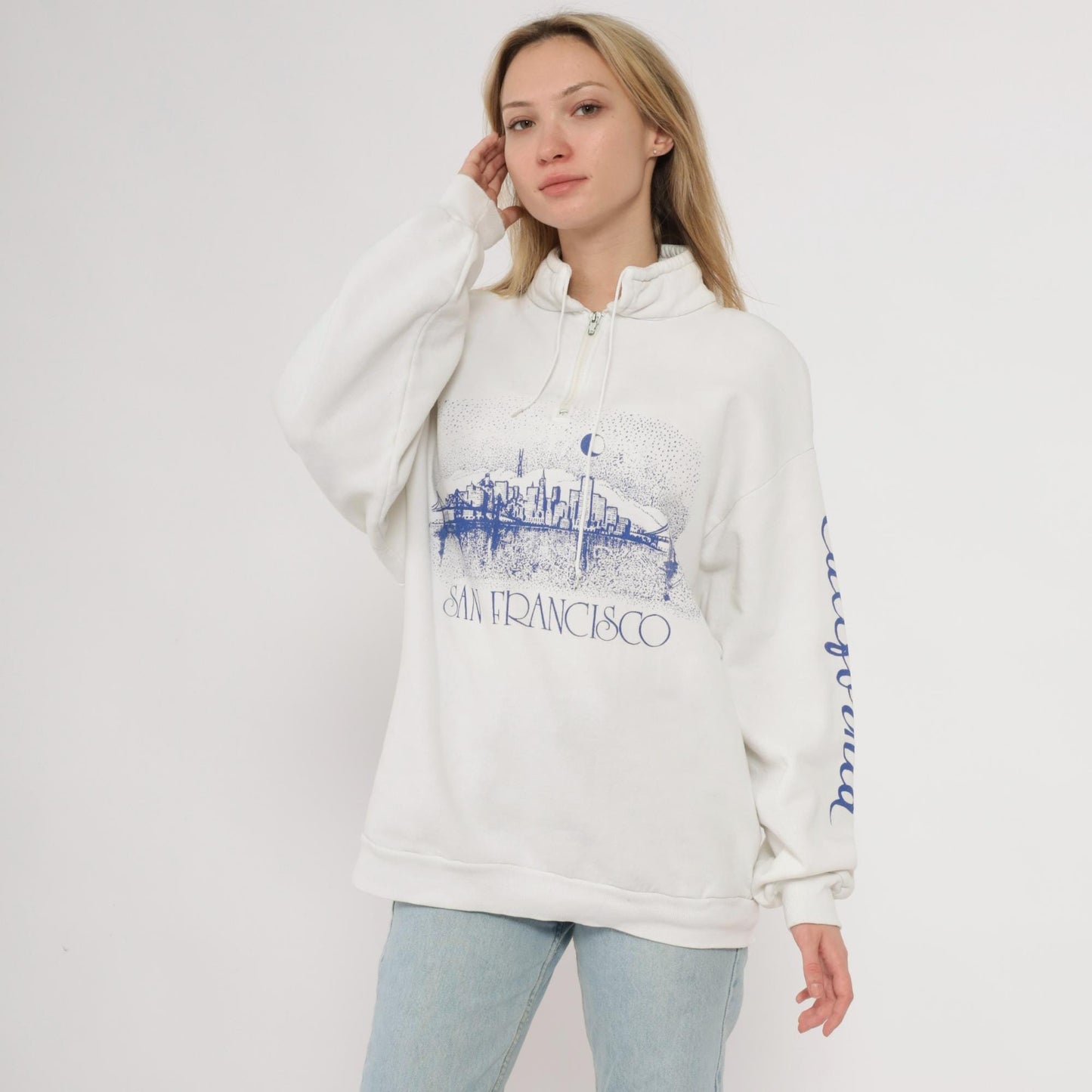 90s San Francisco Skyline Quarter-Zip Sweatshirt Cream Cotton Moon Bridge Medium