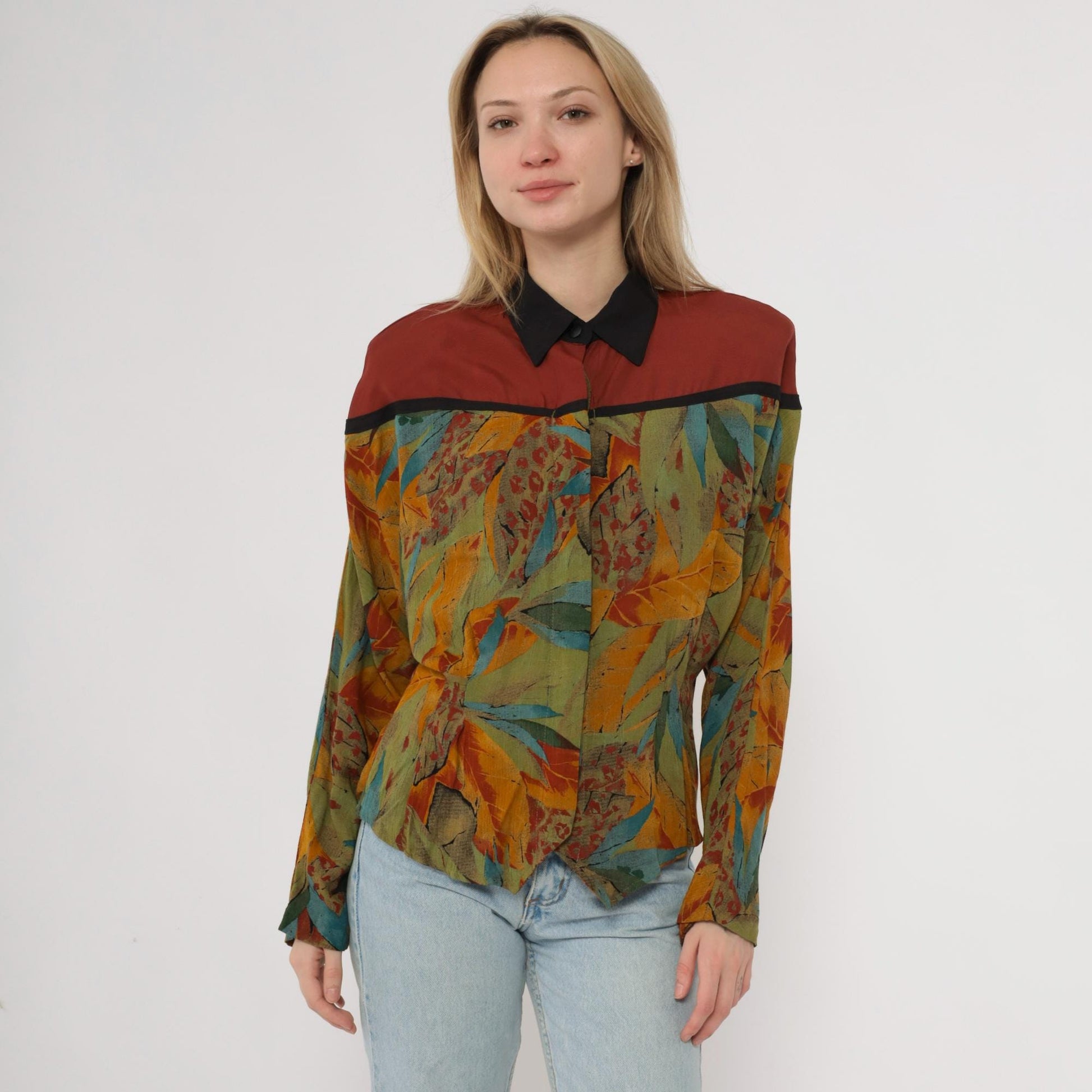 90s Colorblock Leaf Print Button-Up Shirt Rust Olive Yellow Medium
