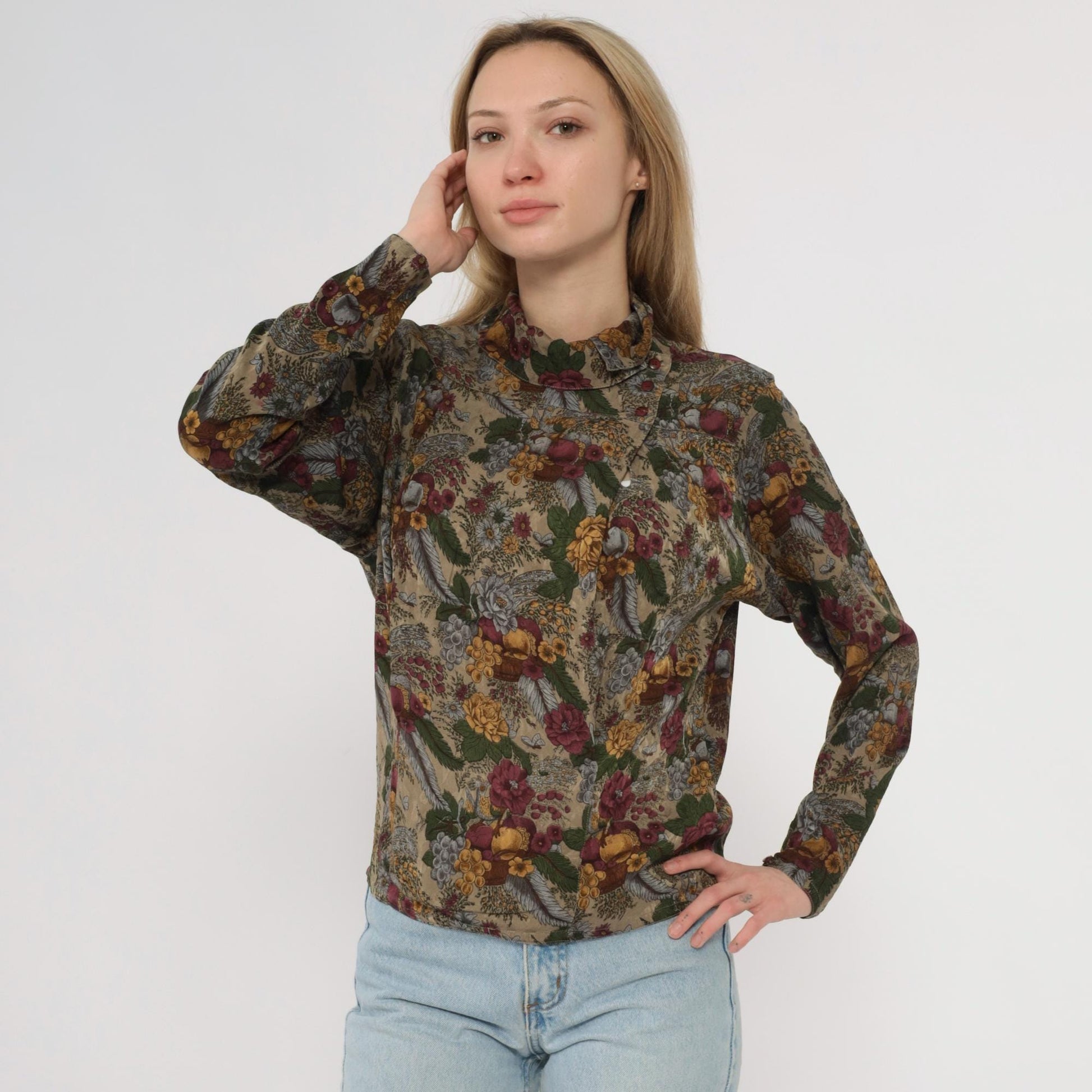 80s Michii Moon Silk Blouse Botanical Grape Print Burgundy Olive Medium