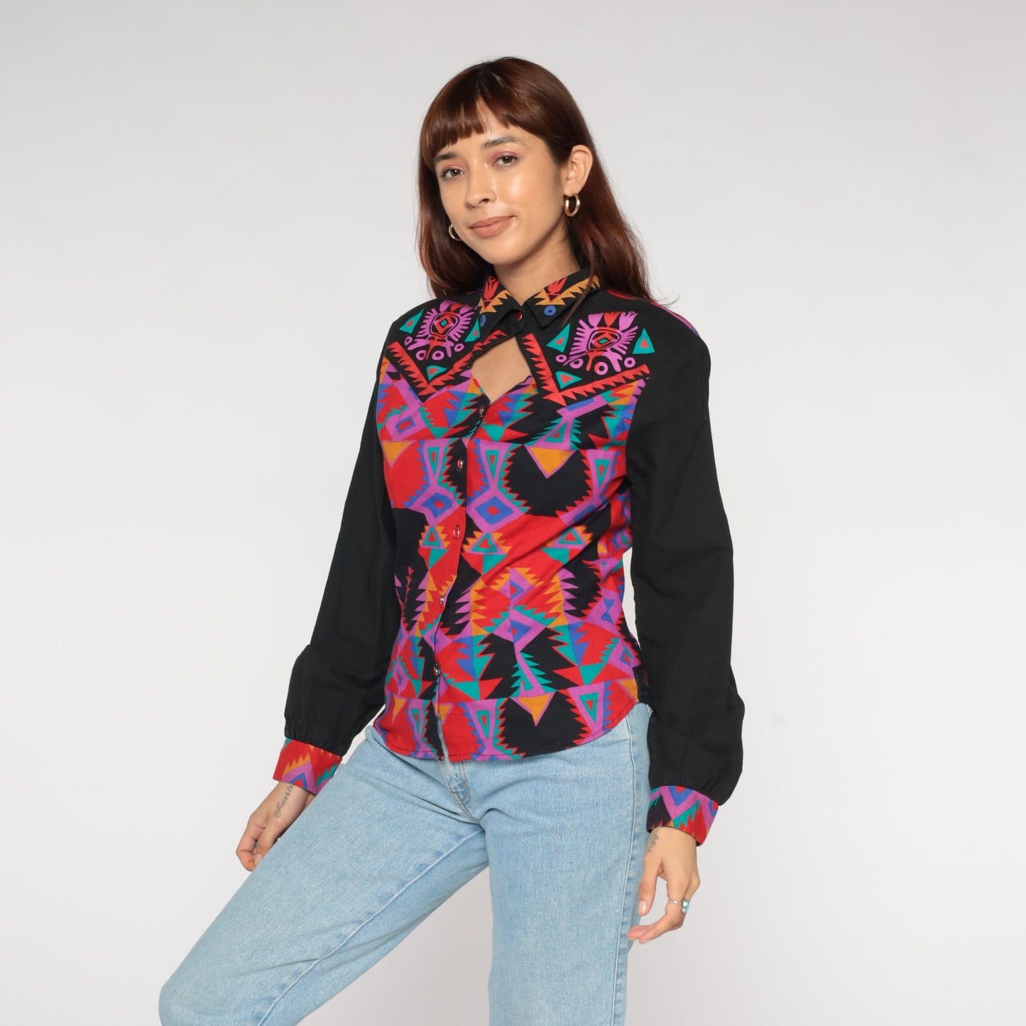 90s Western Plains Trading Co Southwestern Aztec Print Button Shirt Medium M