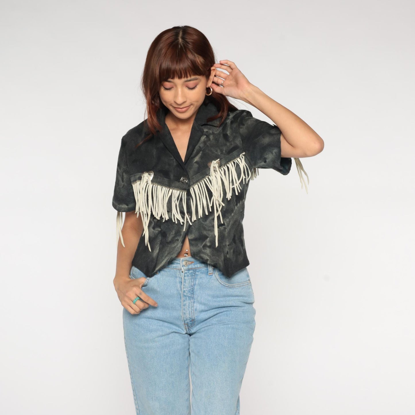 90s Western Fringe Blazer Black Camo Suede Cropped Jacket Small S