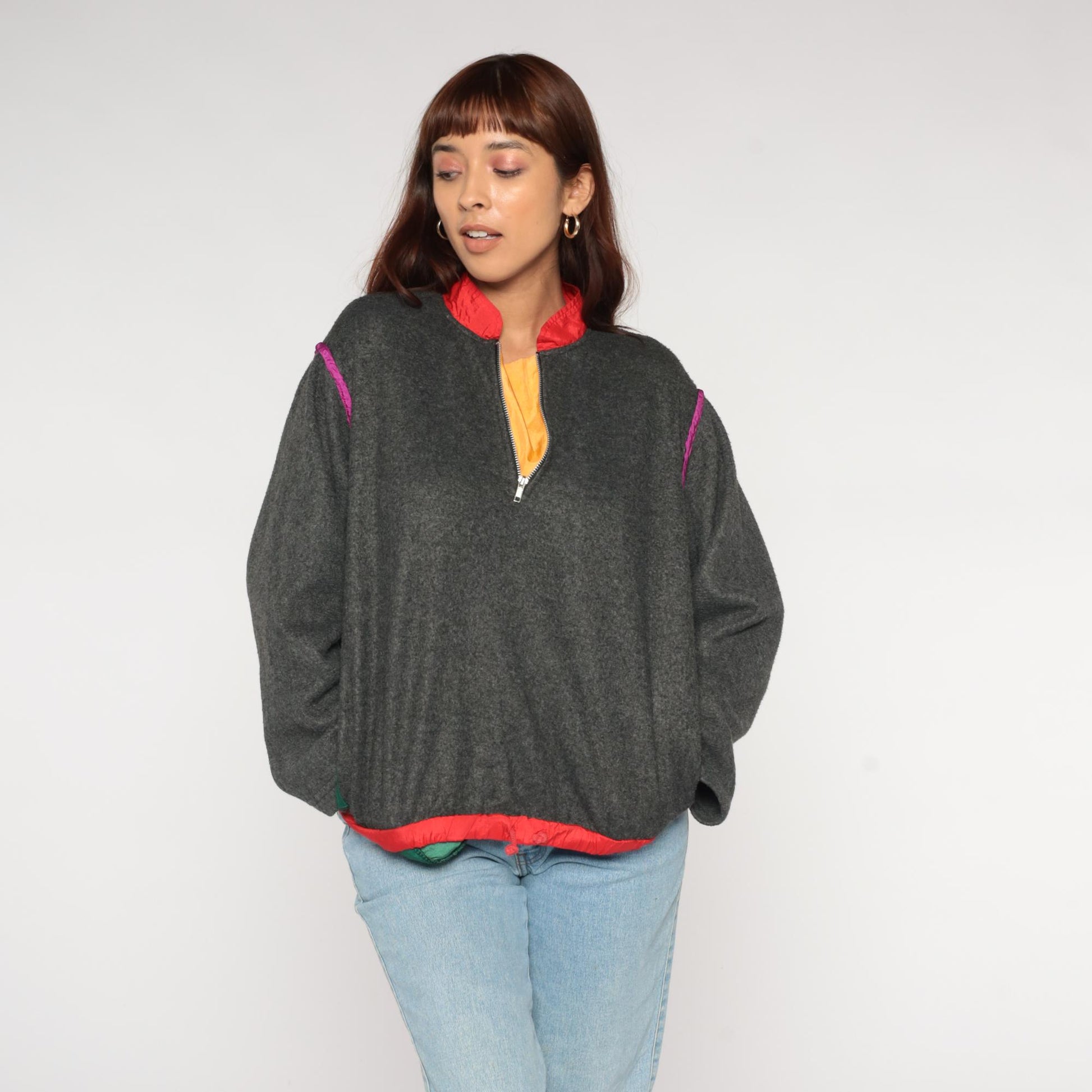 90s Jacques Moret Colorblock Fleece Pullover Grey Red Pink Quarter Zip Small