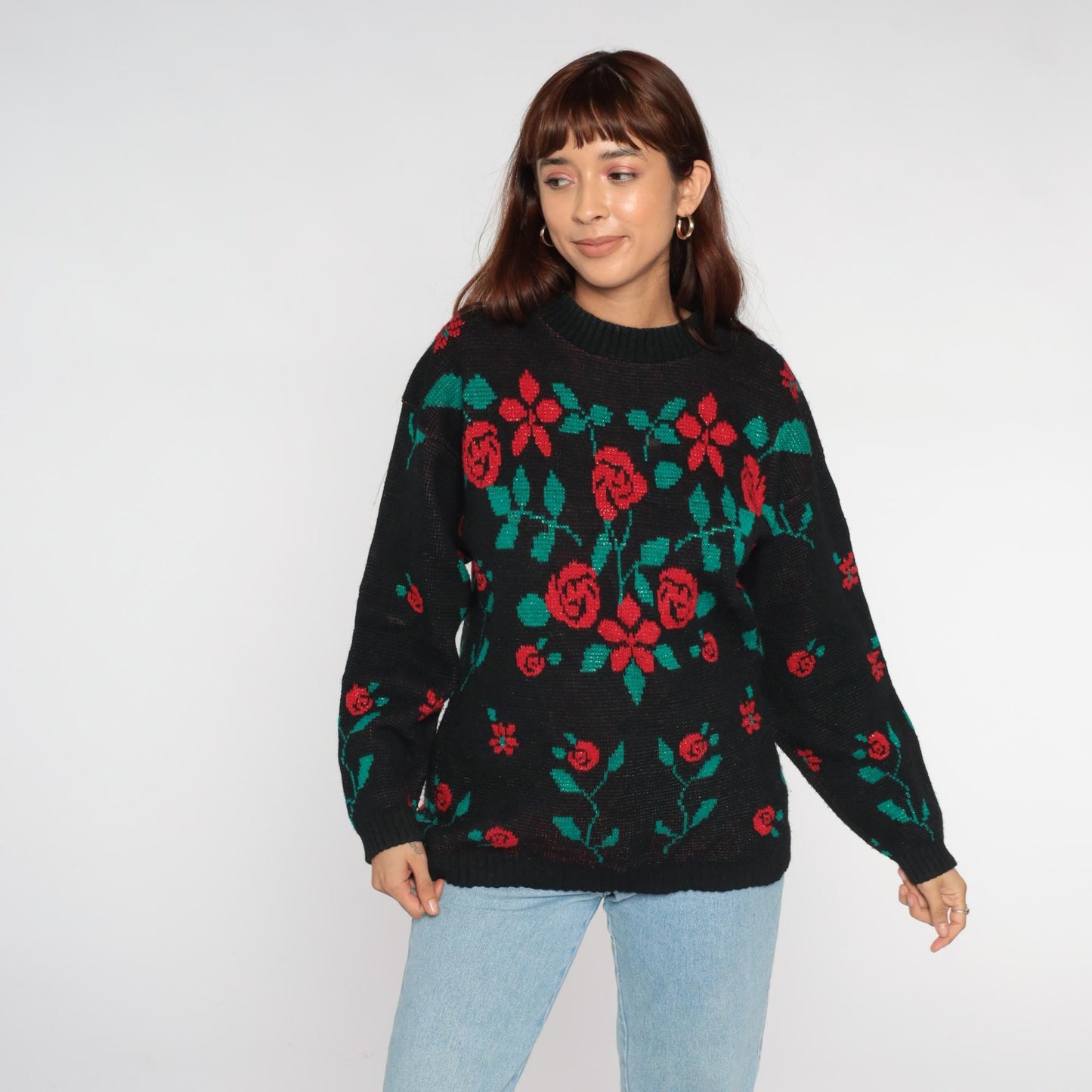 90s Village Fair Black Floral Knit Sweater Red Rose Metallic Medium M