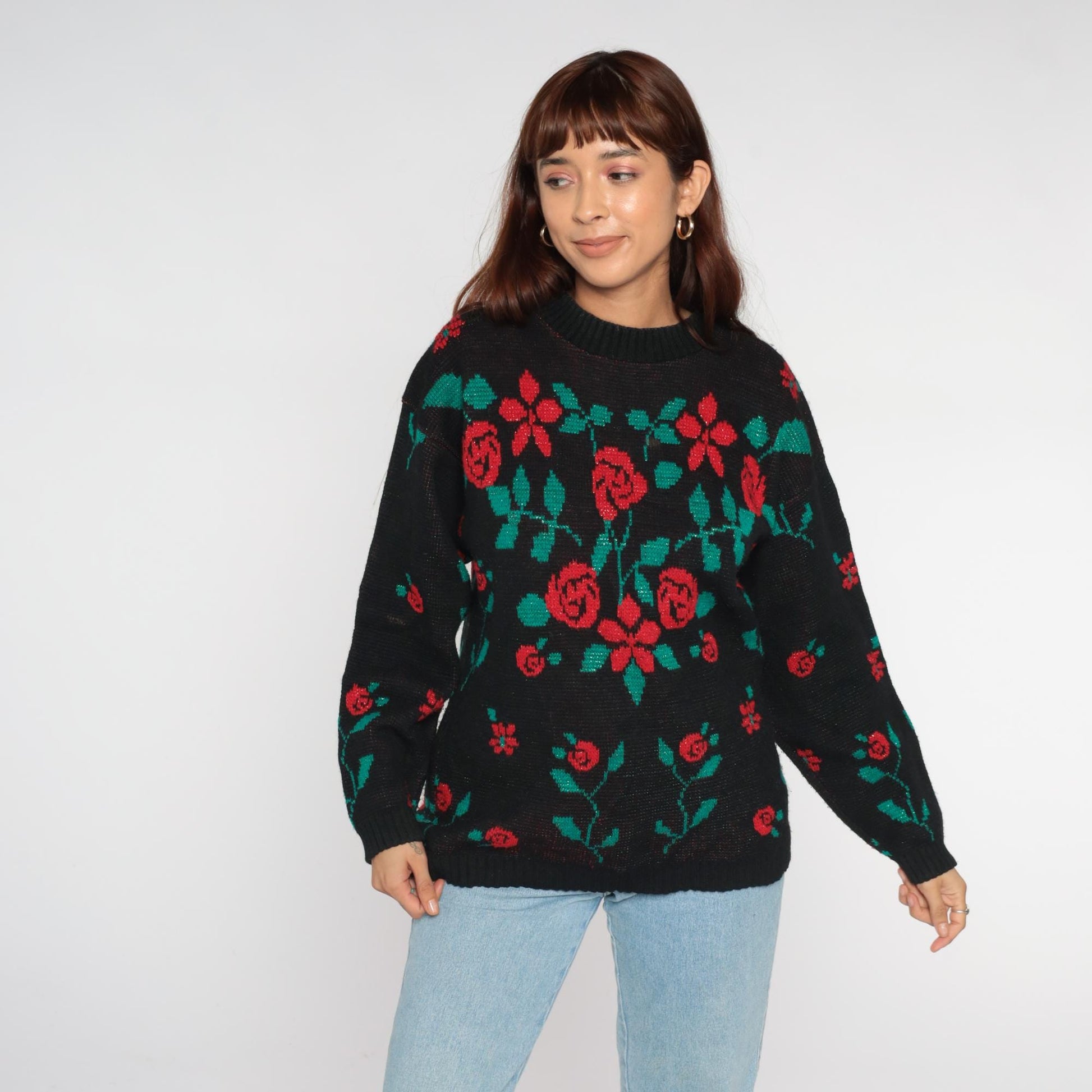 90s Village Fair Black Floral Knit Sweater Red Rose Metallic Medium M