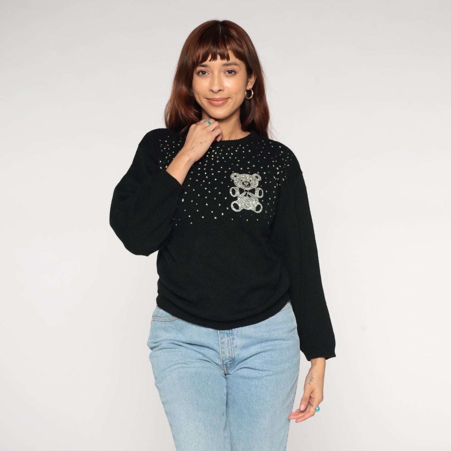 90s Western Sportswear Teddy Bear Sequin Sweater Black Small S