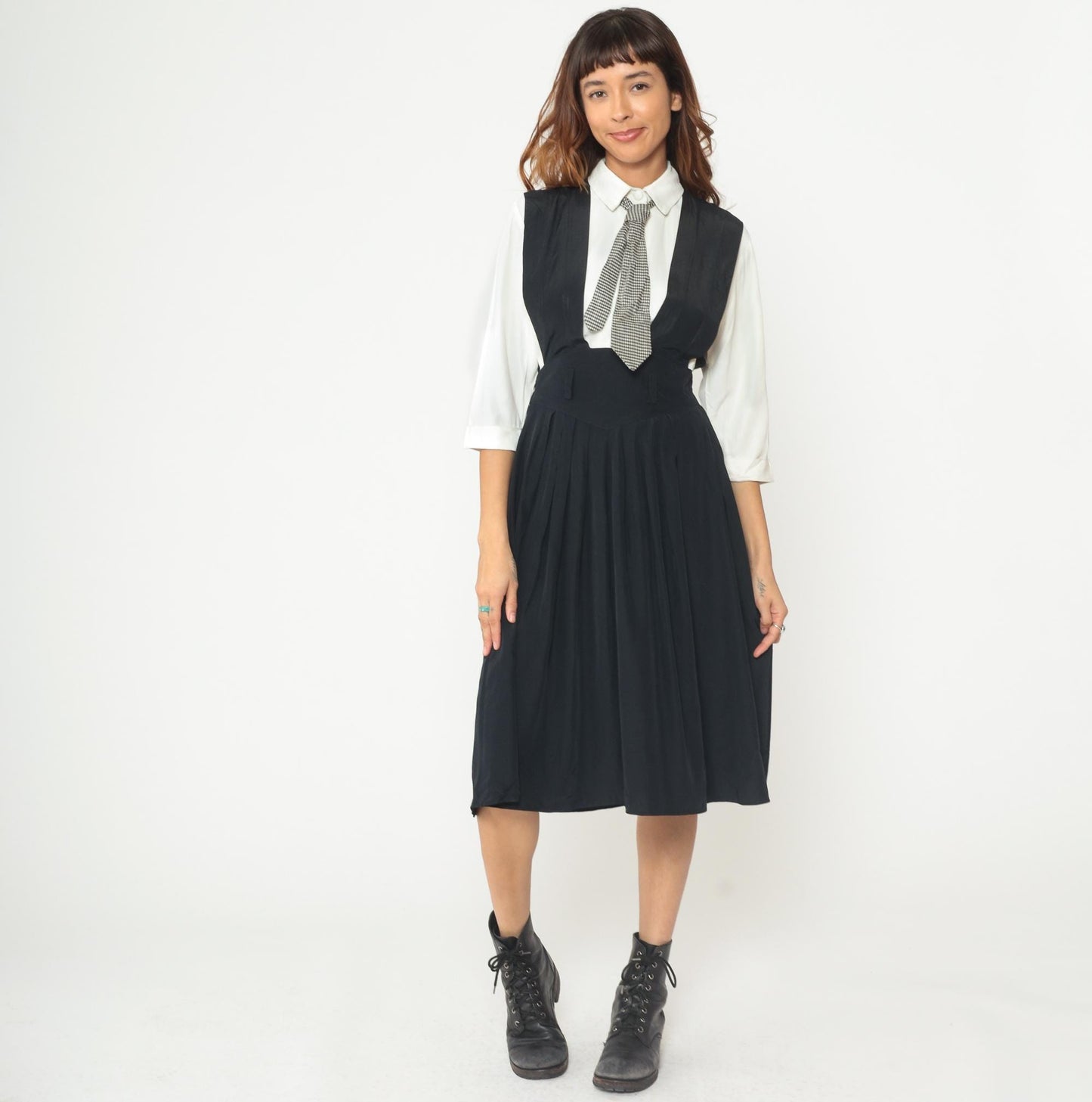 1990s Piccolino Petites Black Midi Jumper Dress Gingham Tie Attached Shirt XS