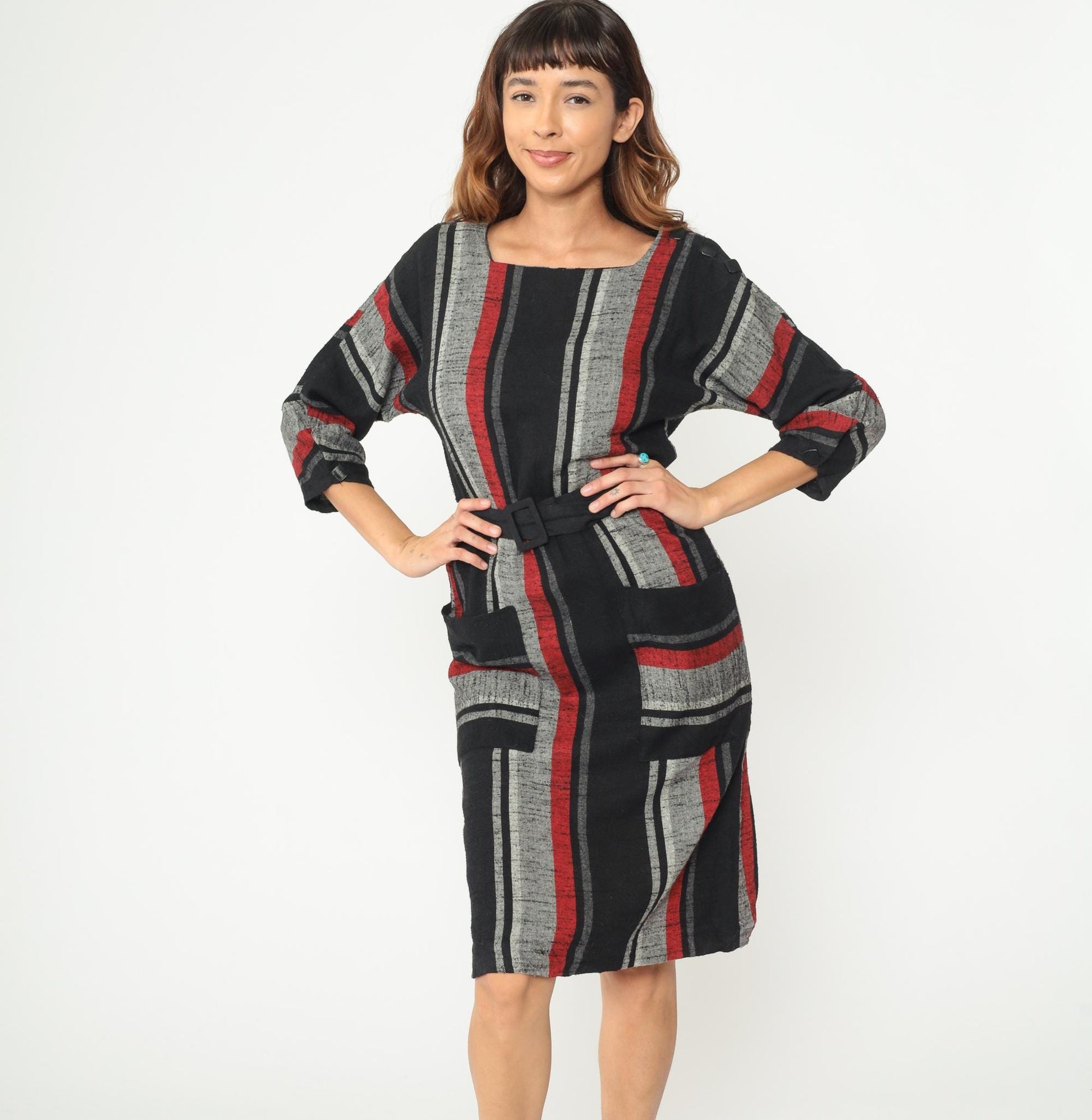 80s Vertical Stripe Midi Dress Red Black Grey Square Neck Wool Blend Medium