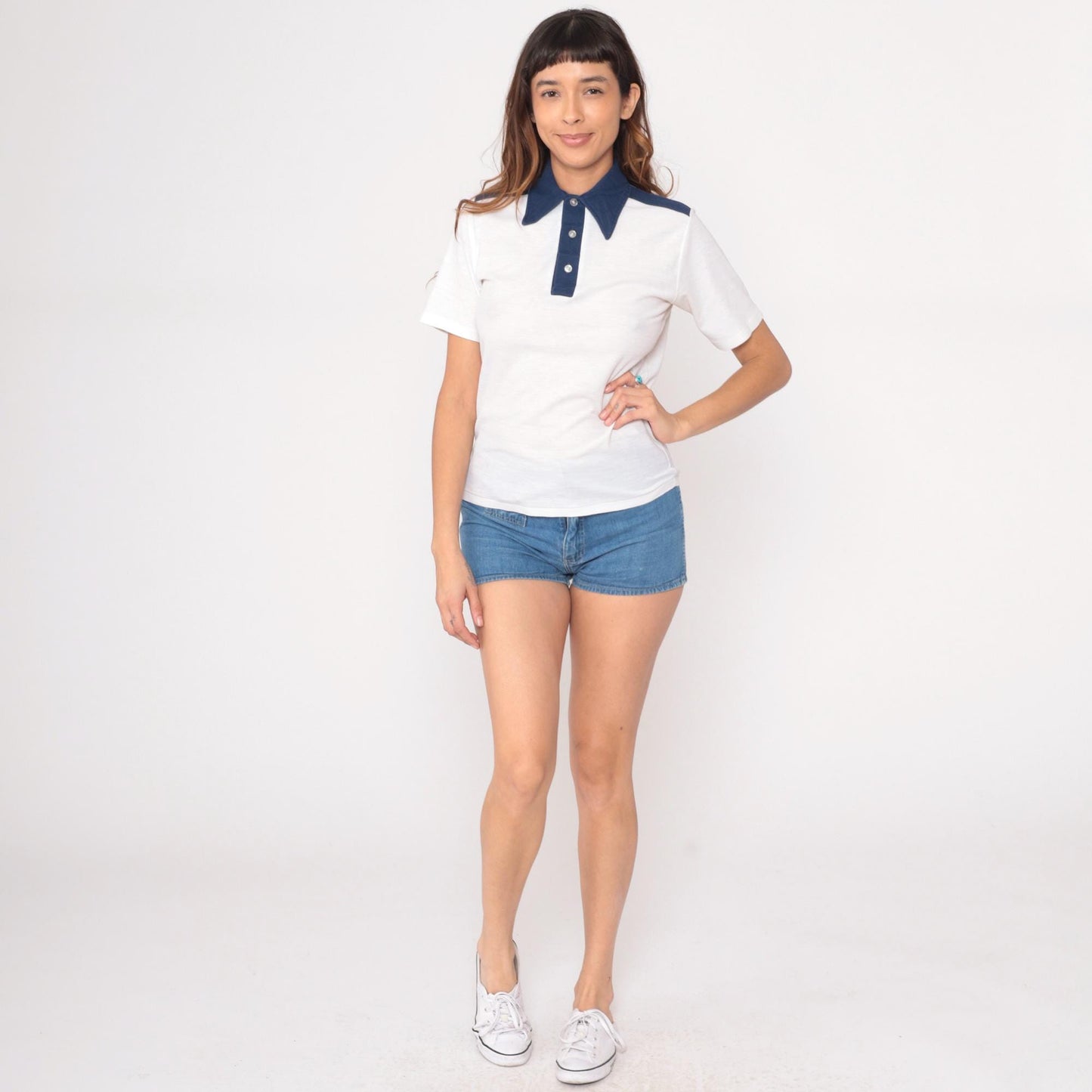 70s Macy's Pro Shop Polo Shirt White Navy Collar Stripes Medium M