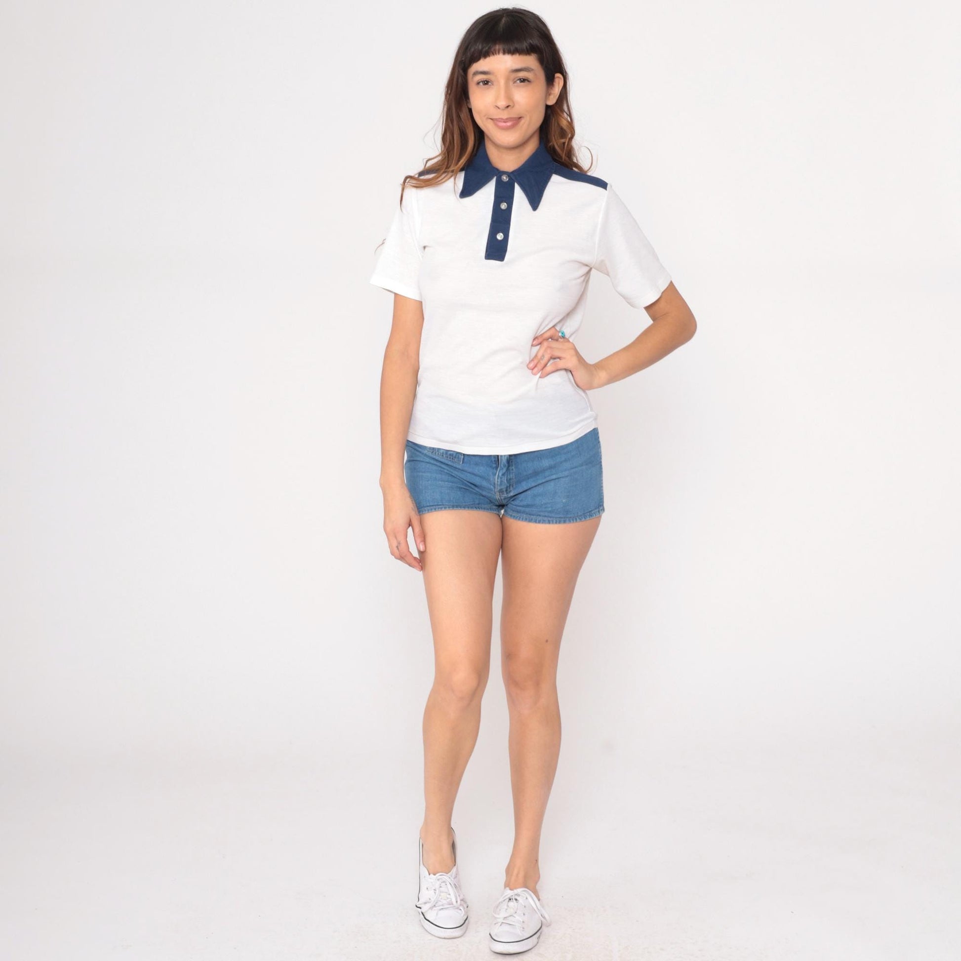70s Macy's Pro Shop Polo Shirt White Navy Collar Stripes Medium M