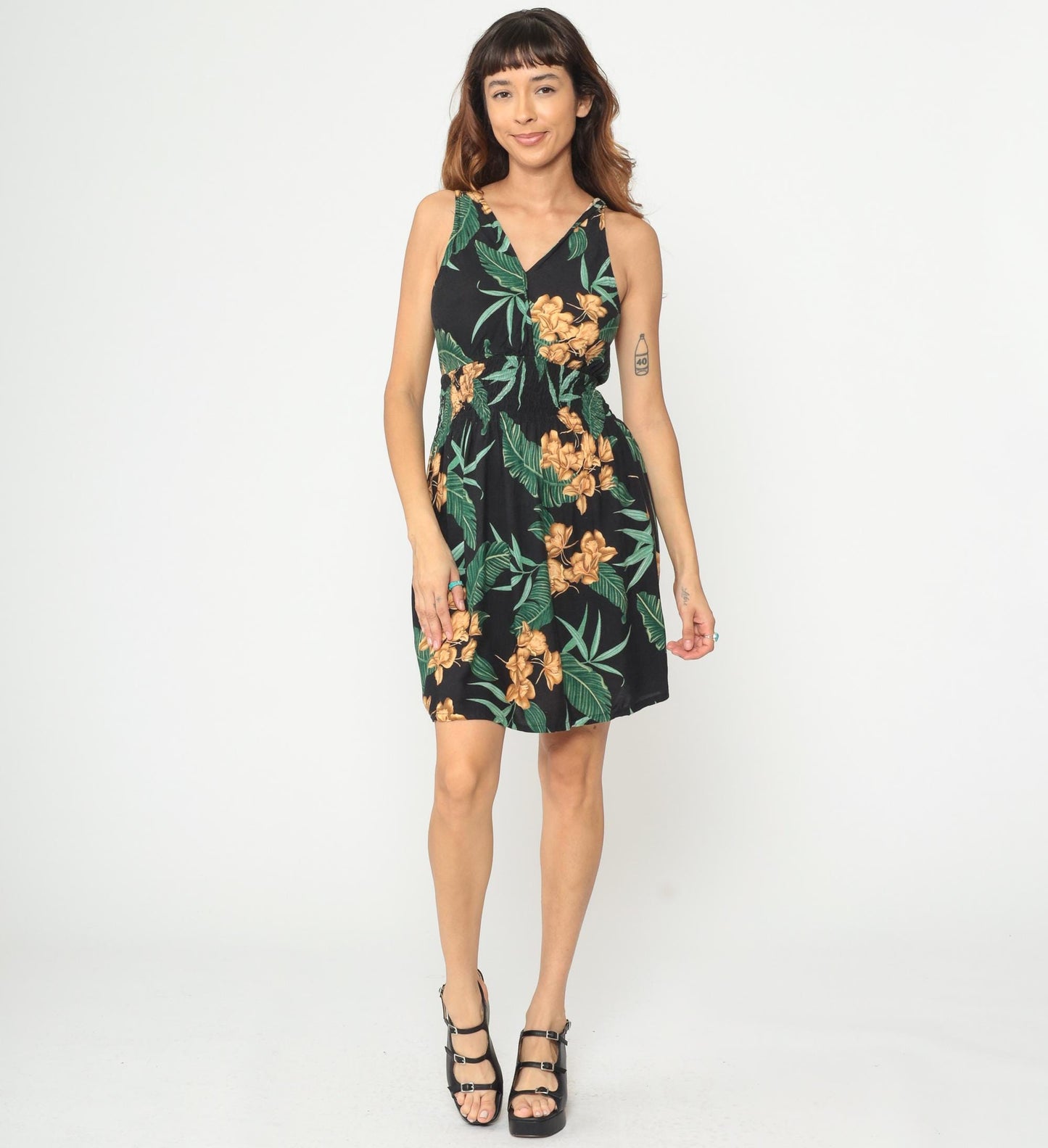 Y2K Hula Bay Tropical Floral Mini Dress Black Rayon V-Neck Large L