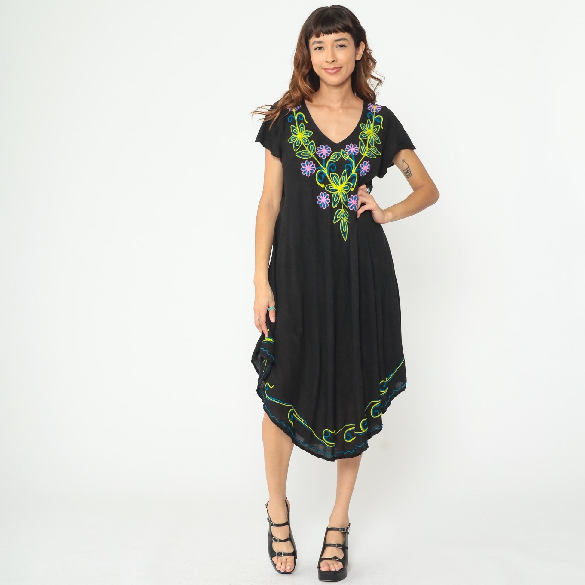Y2K Black Midi Dress Exist Floral Embroidery V-Neck Asymmetric Hem One Size