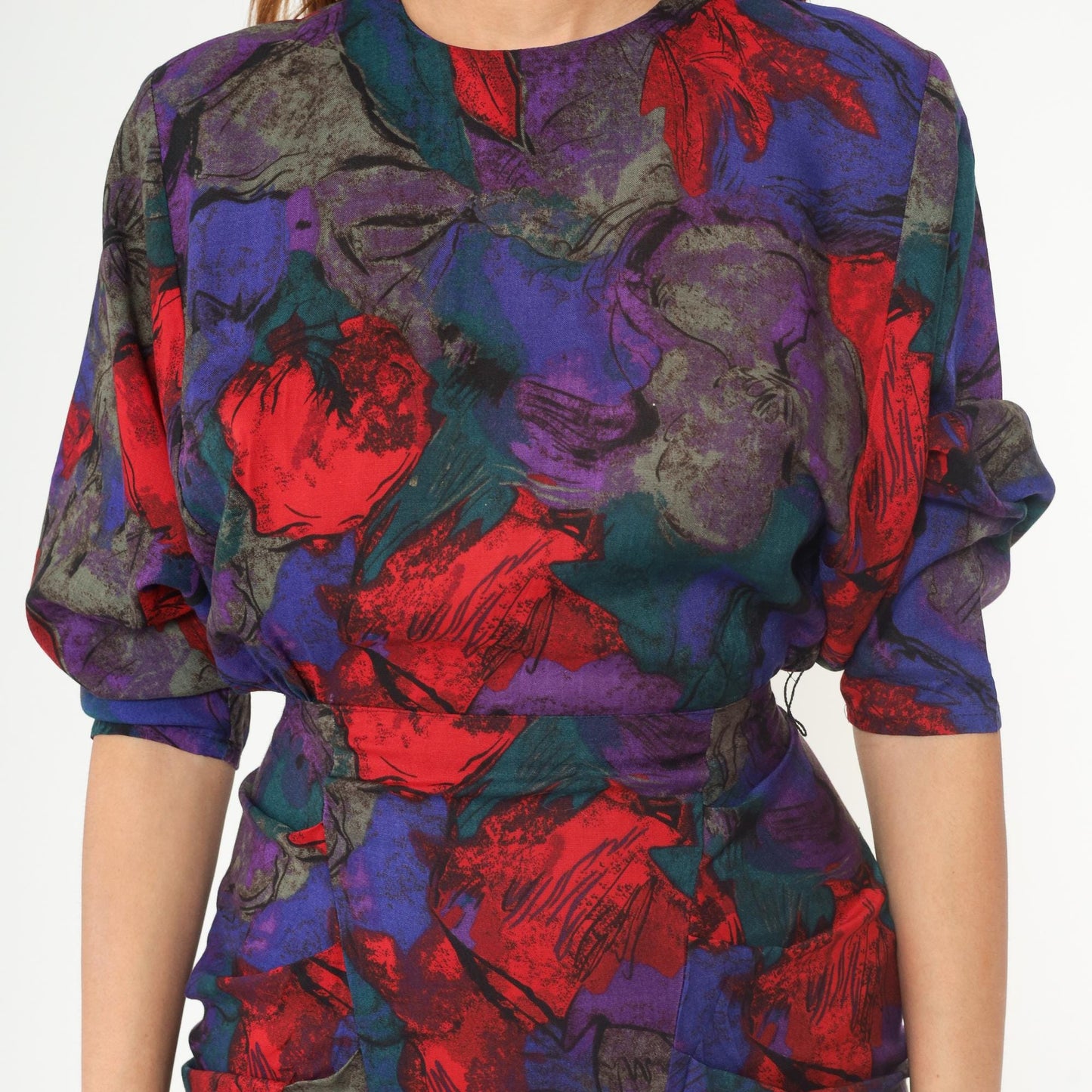90s All That Jazz Floral Midi Dress Dolman Sleeve Rayon Purple Extra Small XS