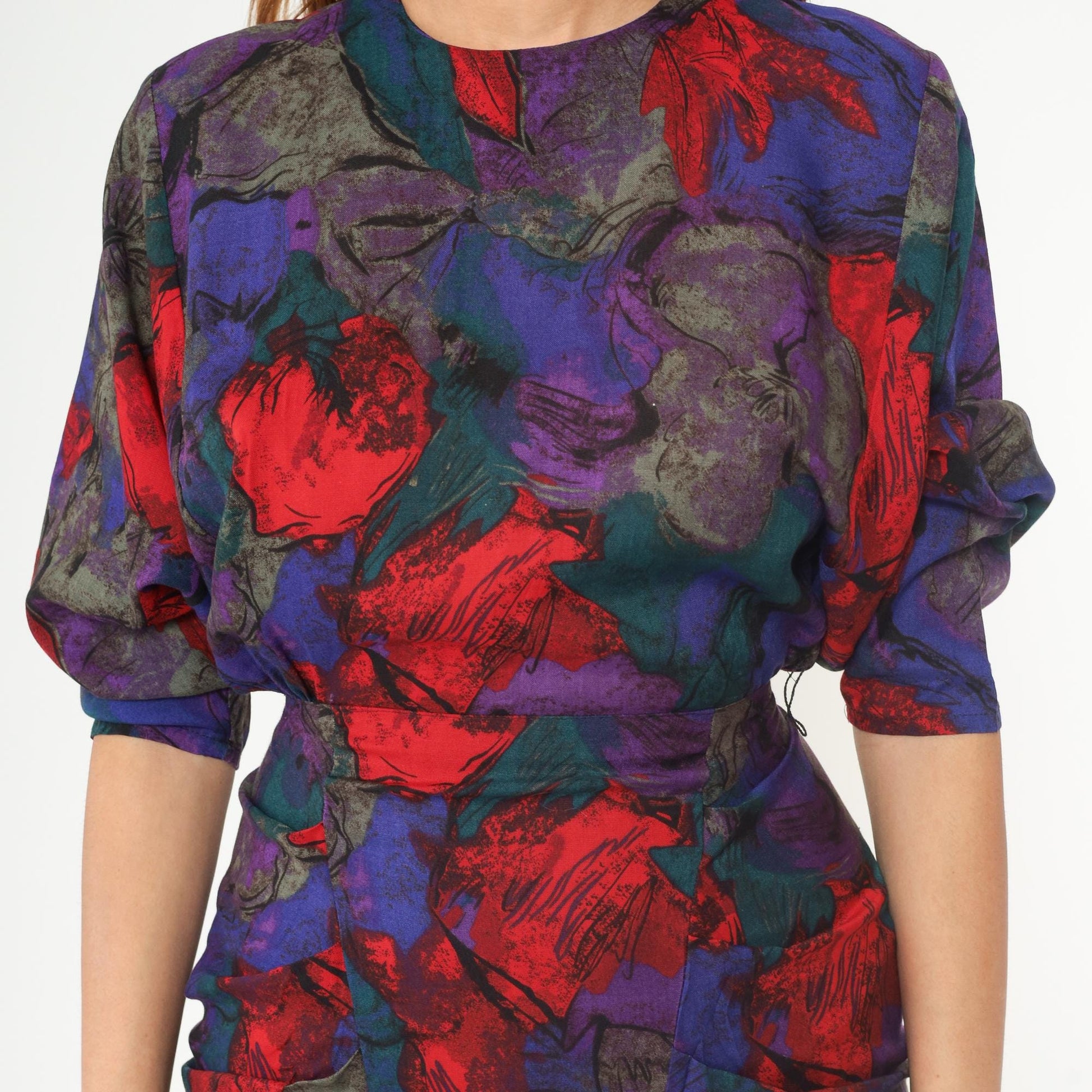 90s All That Jazz Floral Midi Dress Dolman Sleeve Rayon Purple Extra Small XS