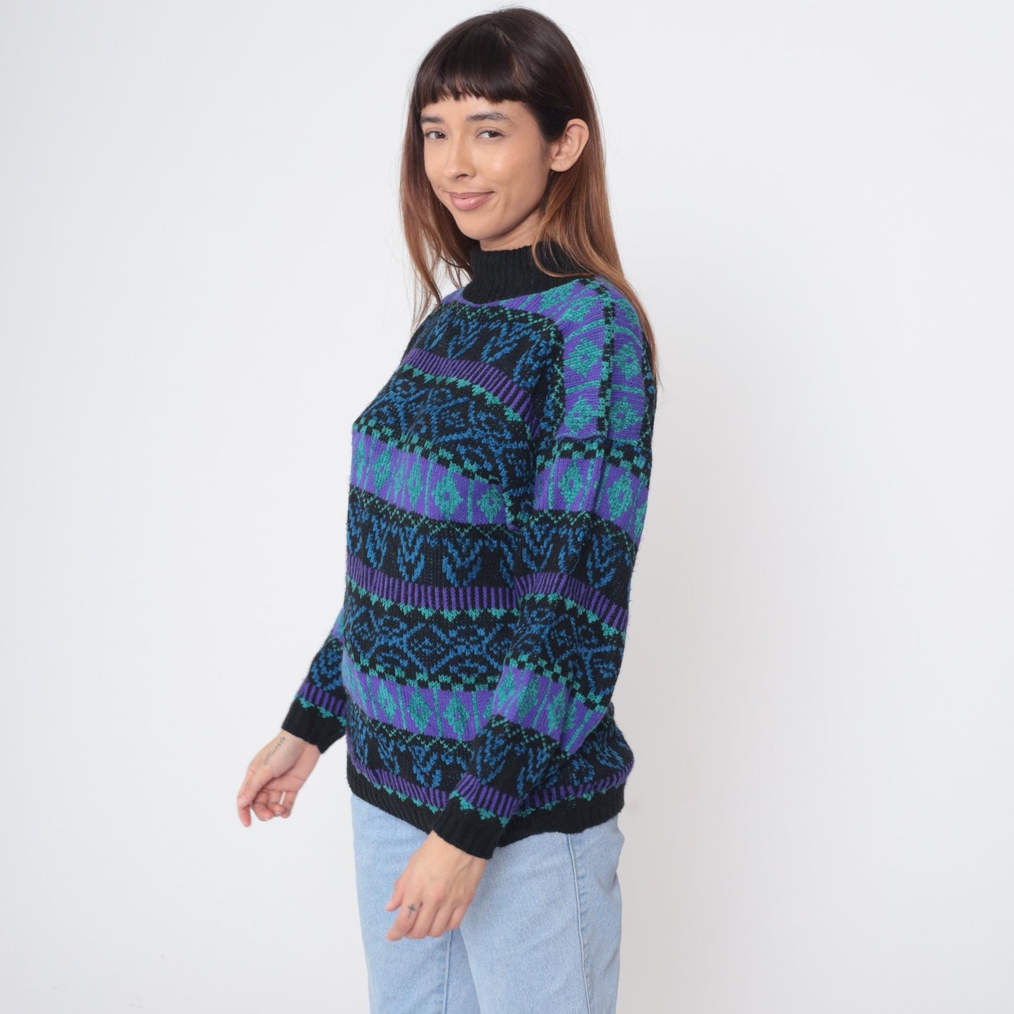 90s Fair Isle Mock Neck Sweater Purple Teal Geometric Nordic Small S