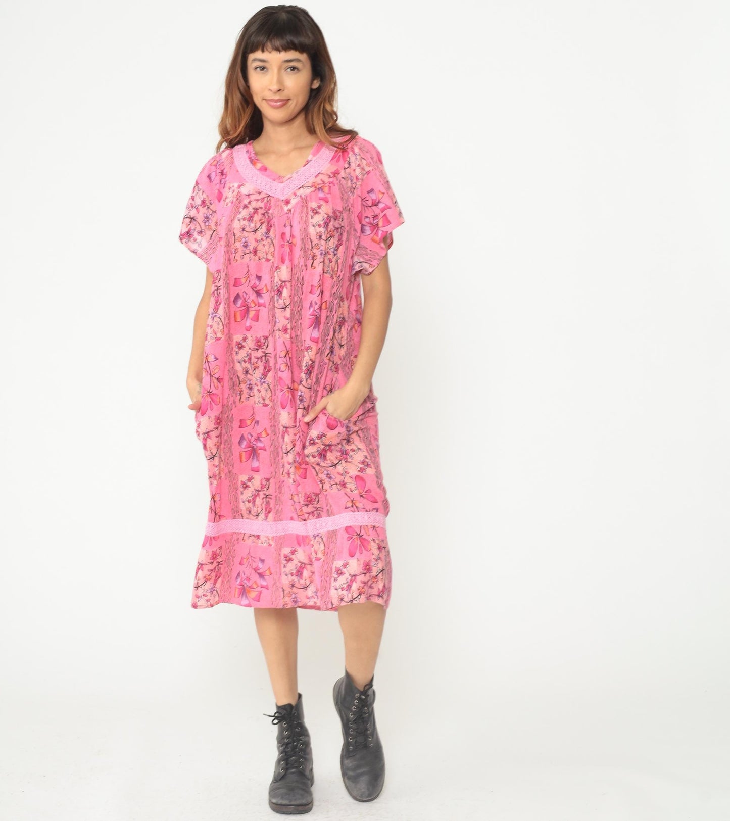90s Longees Floral Midi Dress Pink Cotton V-Neck Tiered Ruffle Medium