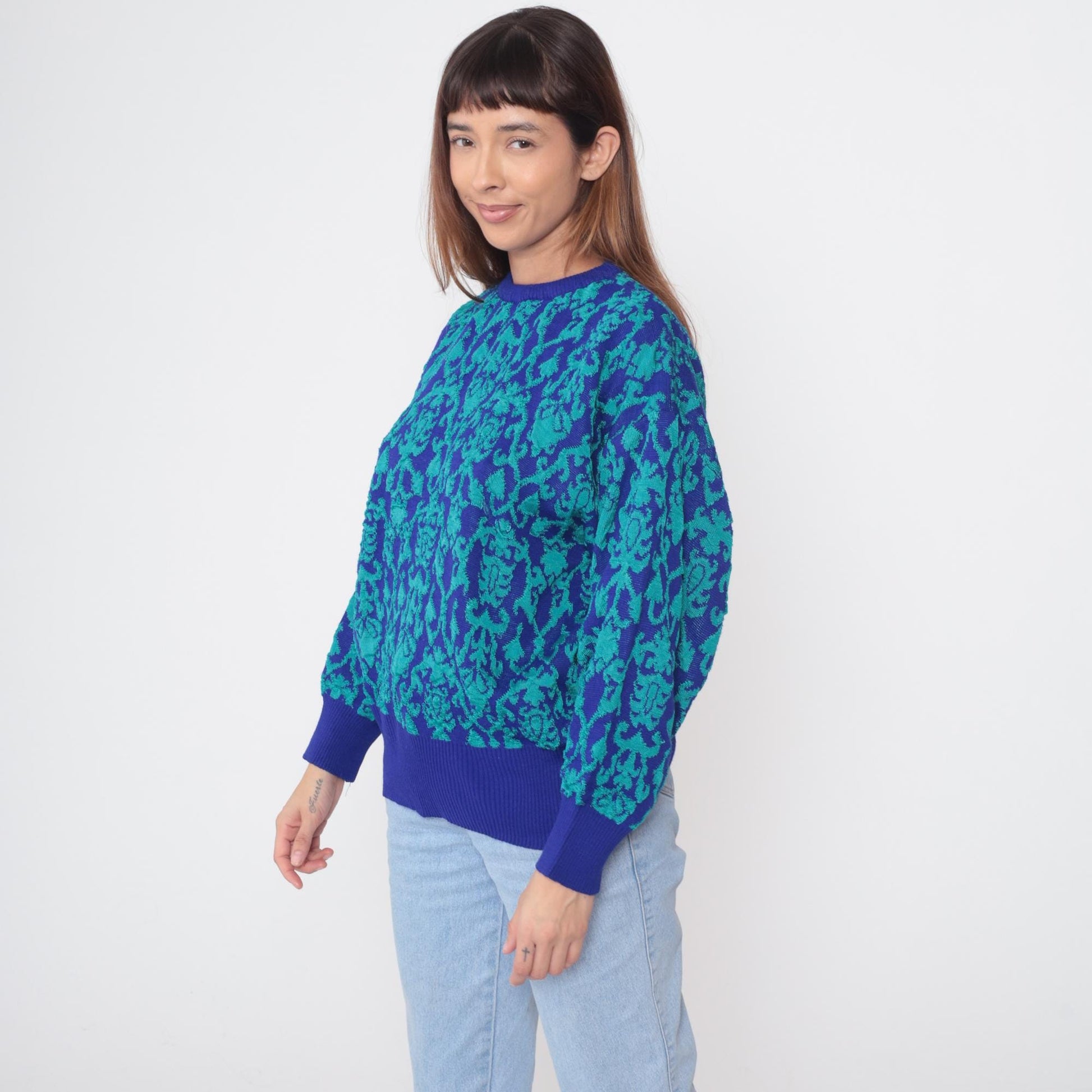 90s Carole Little Floral Damask Crew Neck Sweater Blue Teal Medium M