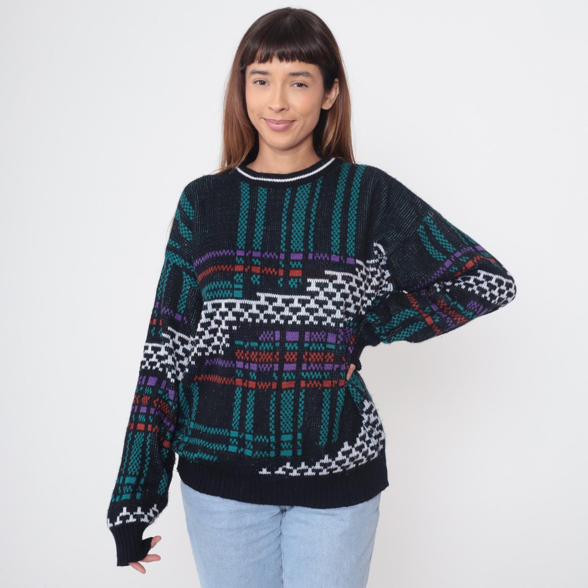 80s Weeds Tribal Geometric Sweater Black Teal Purple Crew Neck Extra Large