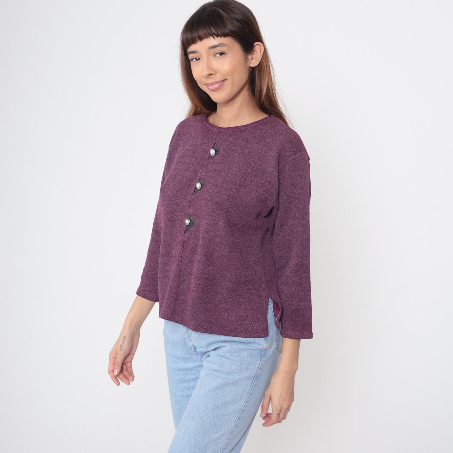 90s Purple Cotton Crew Neck Sweater Pearl Buttons Three-Quarter Sleeve Medium M