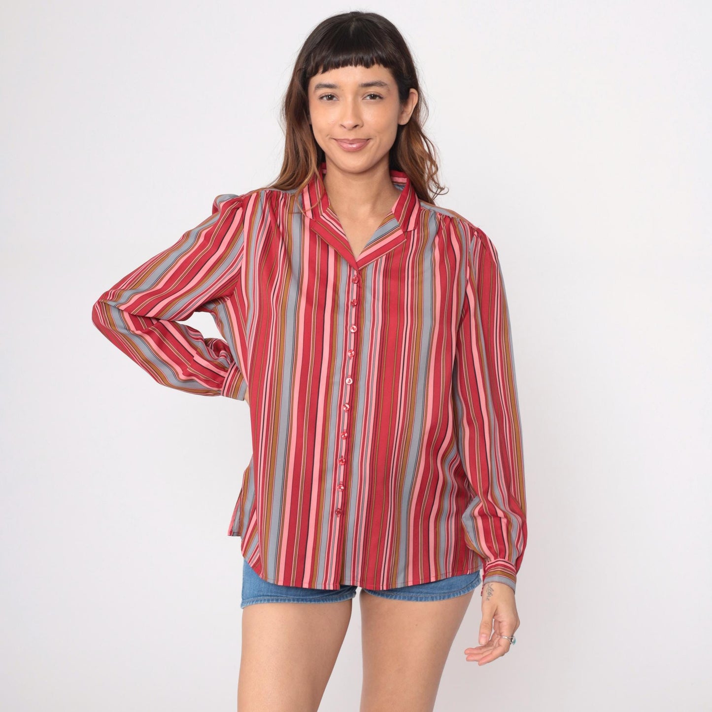 70s Pykettes Striped Button-Front Blouse Multicolor Vertical Stripes Large L