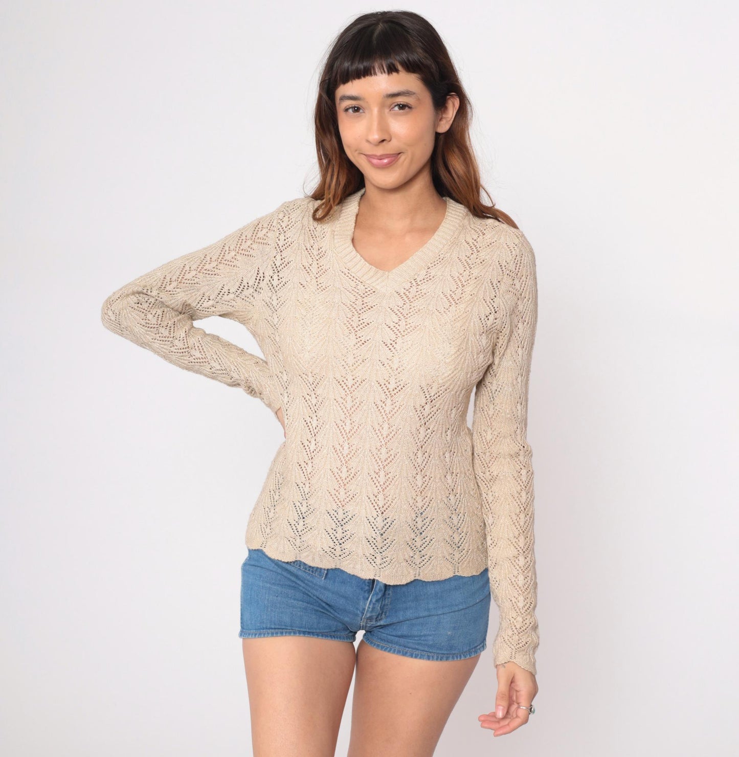 80s Vivanti Pointelle Sweater Cream Cotton V-Neck Chevron Knit Medium M