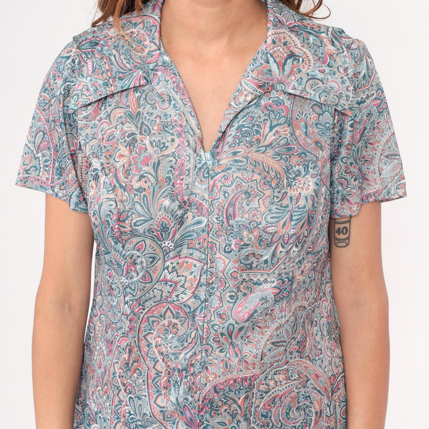 70s Paisley Zipper Front Dress Collared A-Line Blue Pink Cream Large L