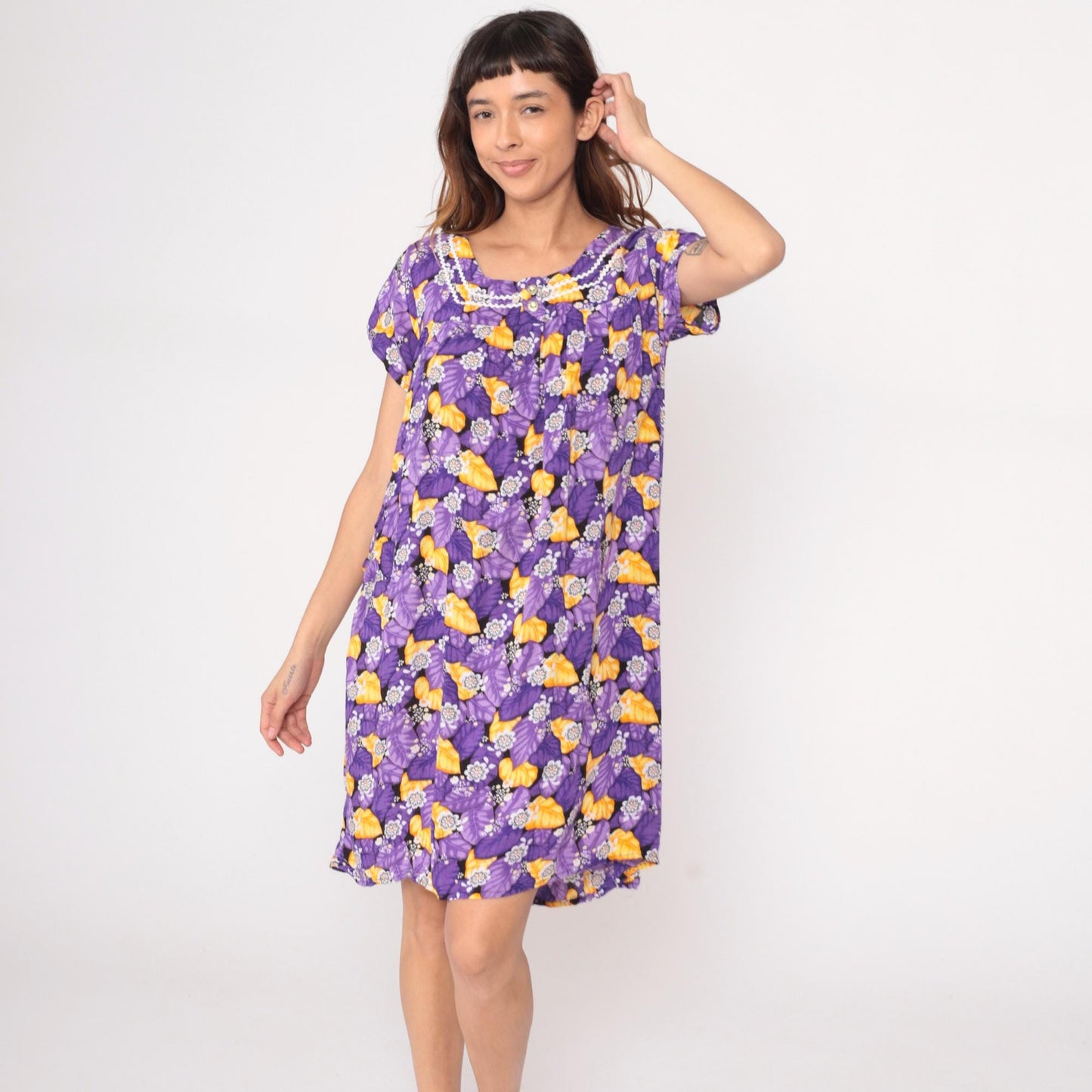 80s Purple Floral Rayon Shift Dress Rickrack Trim Yellow Flowers Large